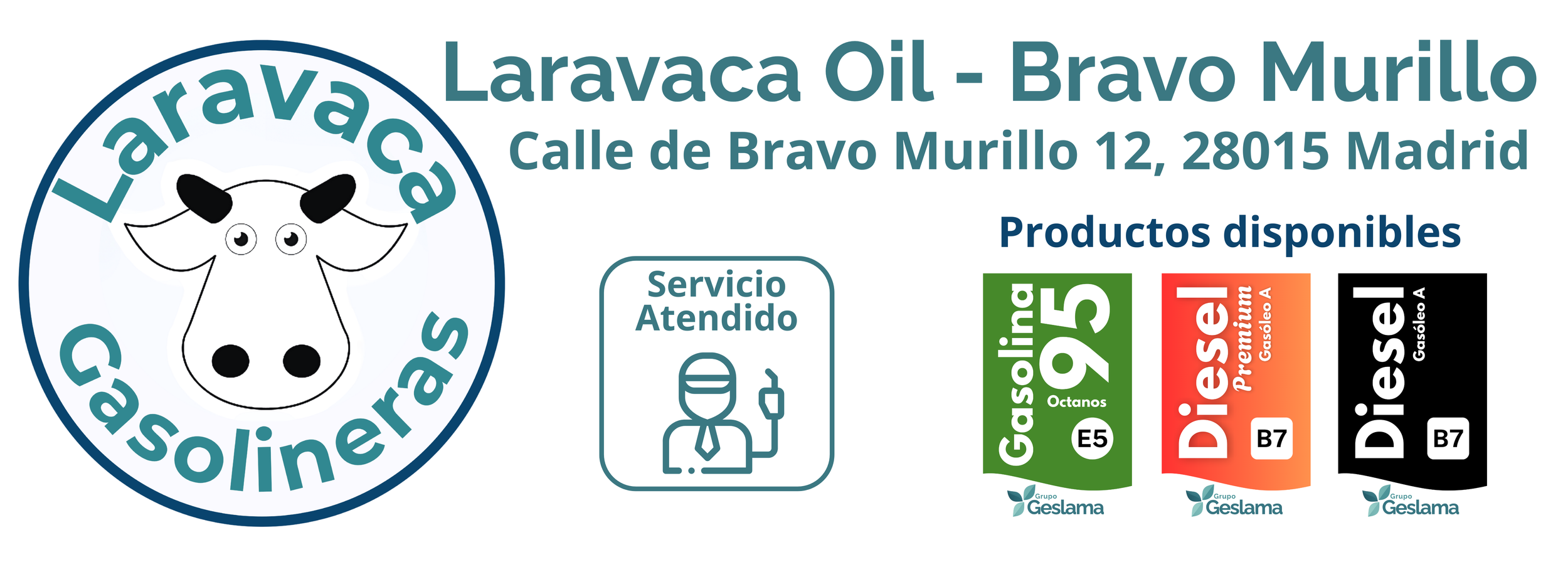 Etiqueta de gasolinera con logotipo de una vaca y texto que indica el nombre y dirección del establecimiento, además de productos disponibles como gasolina 95 octanos, diésel premium y diésel estándar, con logos y requisitos de cada uno.