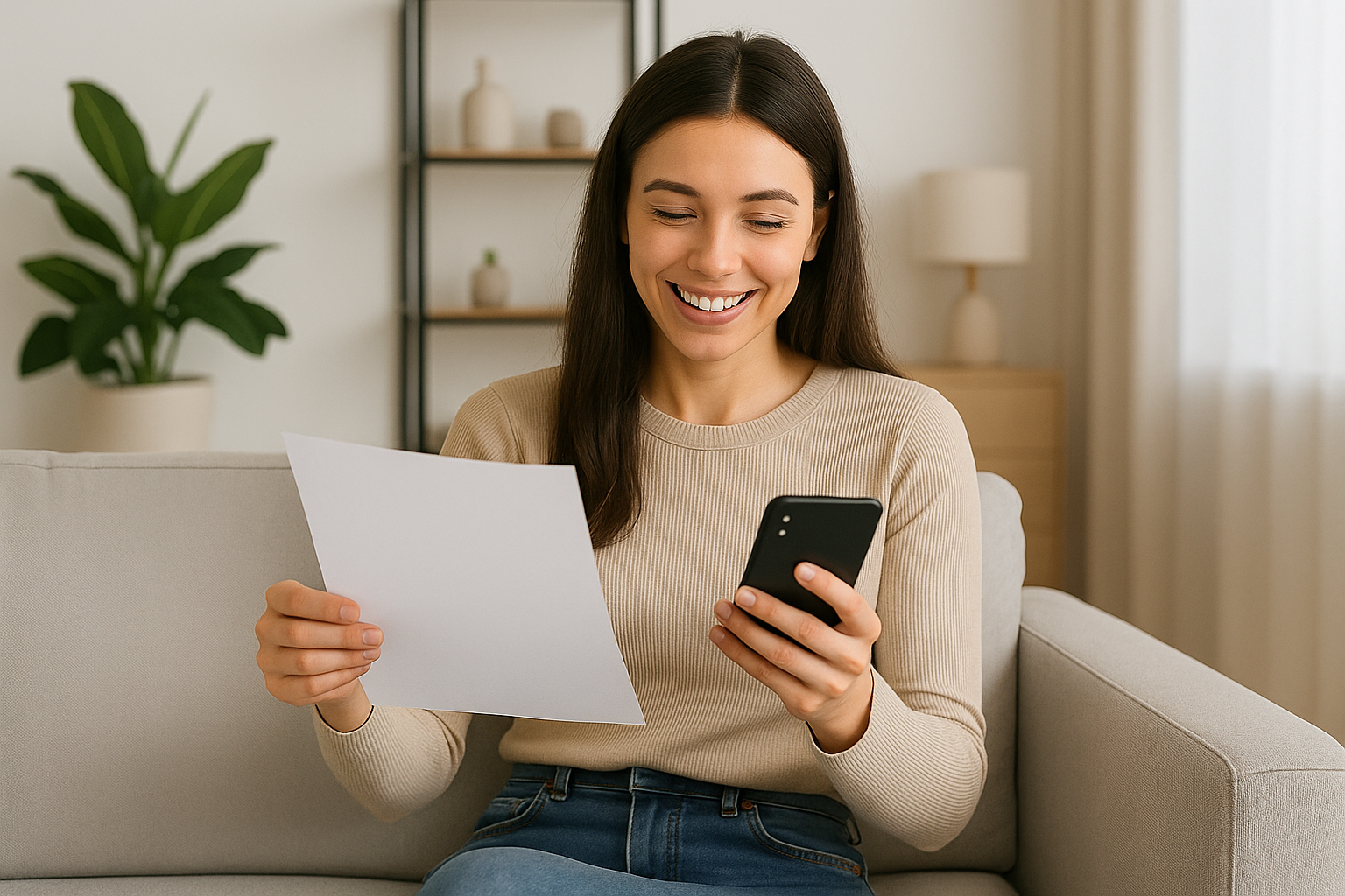 Joven mujer sonriendo mientras mira su teléfono y sostiene un papel en una sala de estar con plantas y decoración moderna.