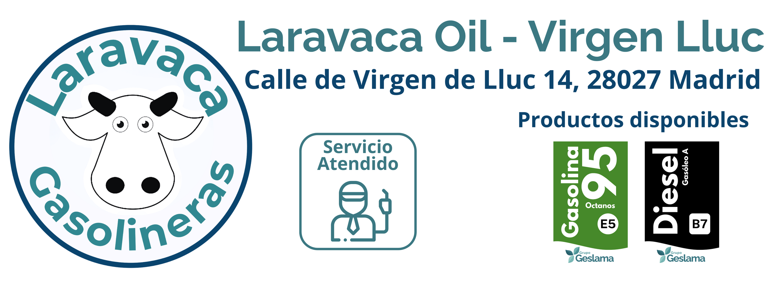 Etiqueta de una tienda de aceite de oliva llamada Laravaca Oil con dirección en Madrid. Incluye un logo con una vaca estilizada, información de contacto, servicios al cliente y detalles del producto como gasolina 95 octanos y diésel B7, con logotipos del grupo Geslama.