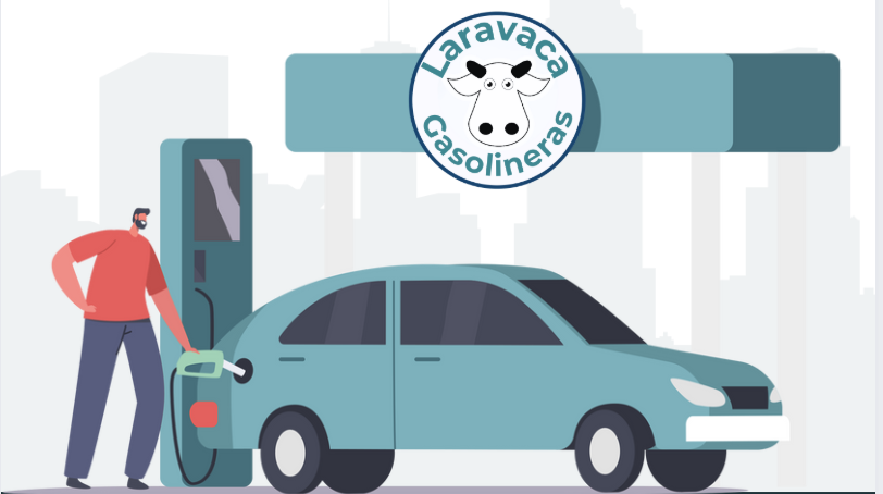 Ilustración del logotipo de Laravaca Gasolineras, un coche azul siendo cargado en una estación de gasolina por un hombre, fondo de ciudad