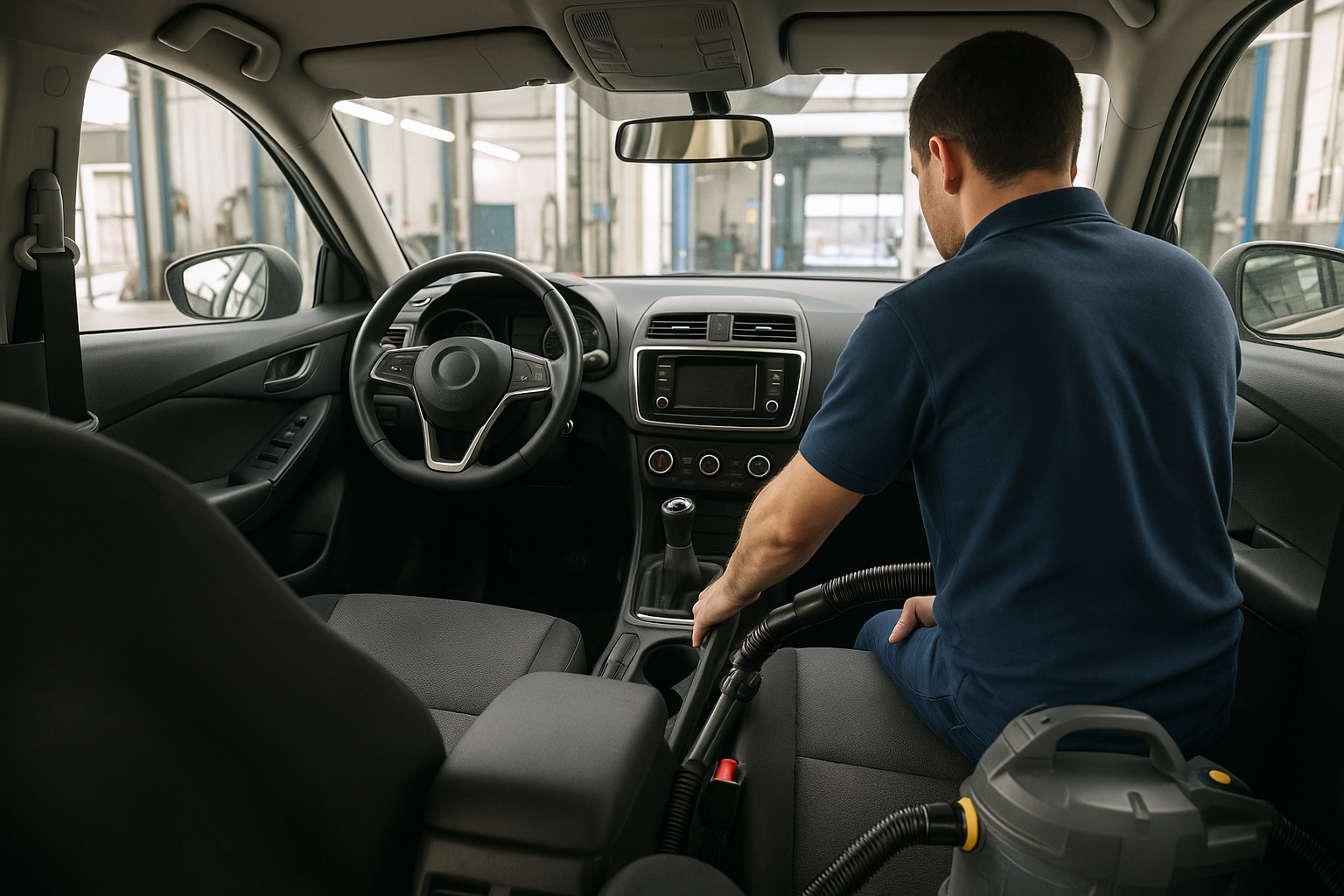 Hombre limpiando el interior de un vehículo en un taller mecánico con aspiradora industrial