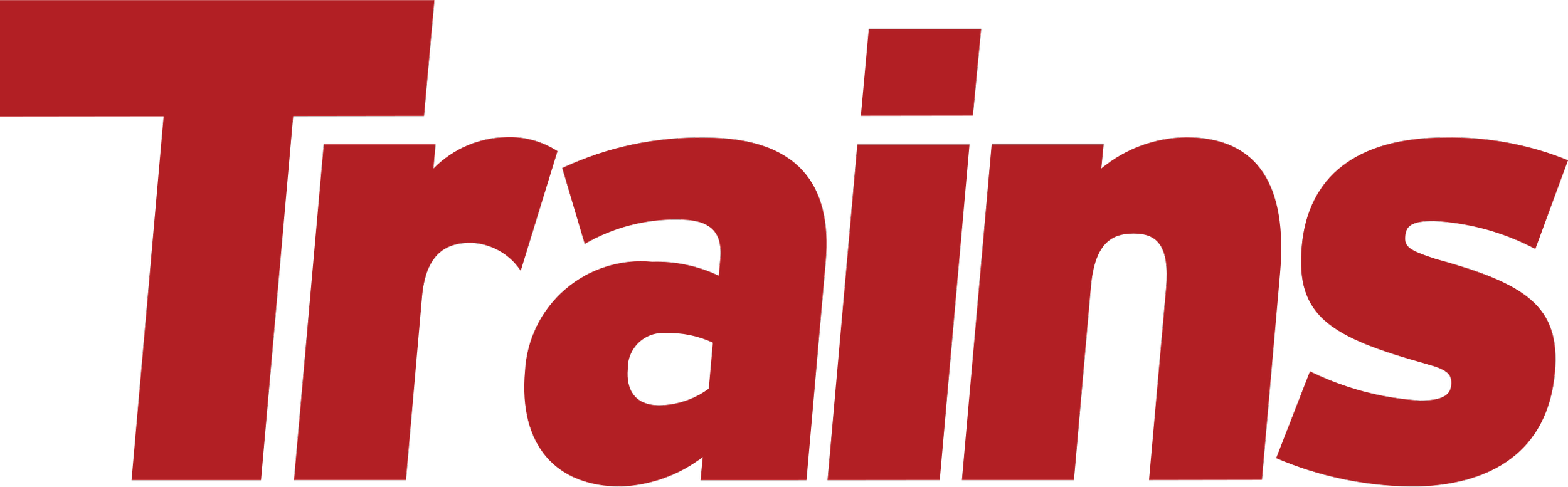 The image shows the word "Trains" in bold, red font on a white background.
