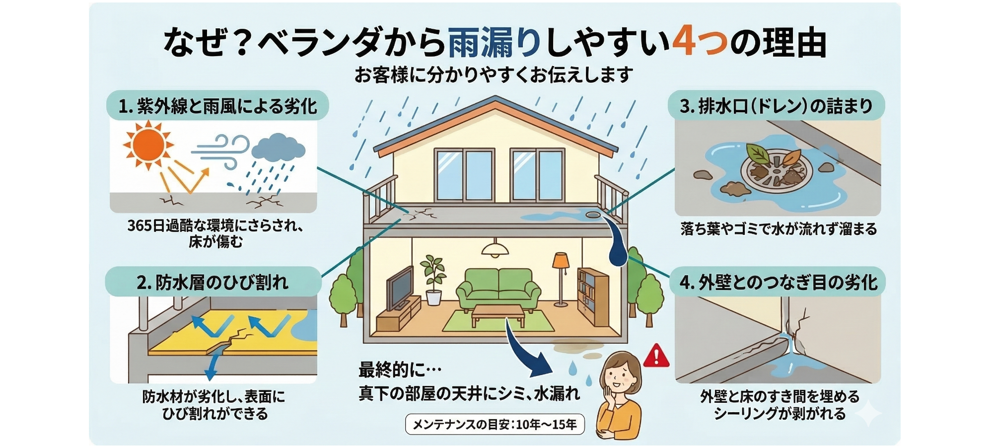 ベランダから雨漏りしやすい4つの理由を説明した図。1.紫外線と雨風による劣化、2.防水層のひび割れ、3.排水口の詰まり、4.外壁とのつなぎ目の劣化。各説明にイラストと短い解説付き。