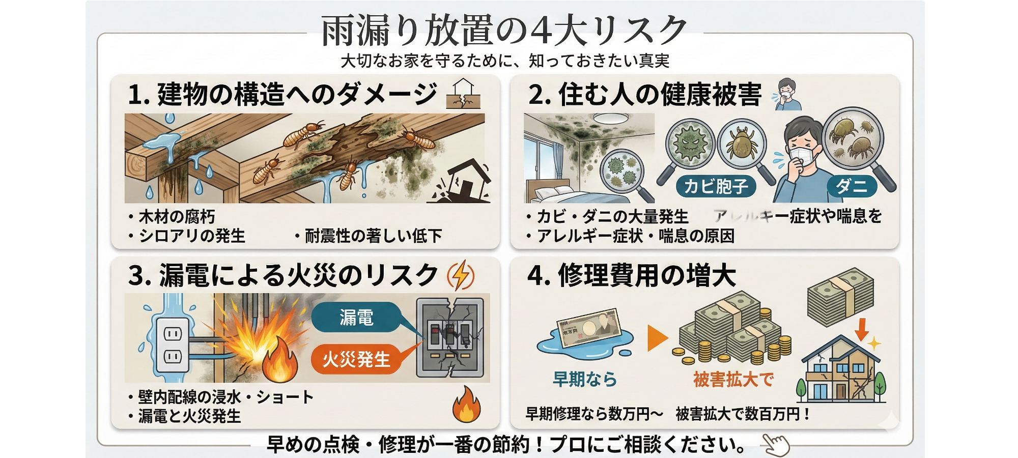 雨漏り放置のリスクについての説明図。築の木材腐朽やシロアリ発生、漏電と火災の危険、住人の健康被害、修理費用増加の4つのリスクを示す。
