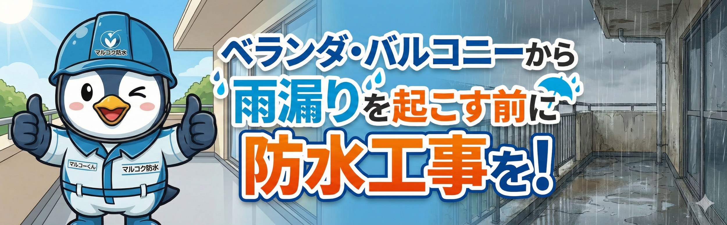 ベランダとバルコニーの雨漏り防水工事についてのイラストと文字説明