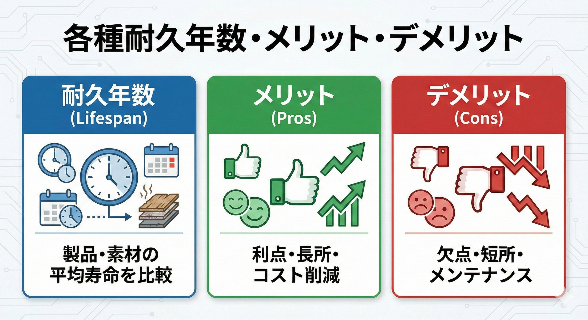 耐久年数、メリット、デメリットについて比較した表。左側は時計やカレンダー、材料の画像で耐久年数の比較を示し、中央は親指を立てるや笑顔のアイコンでメリットを示し、右側は親指を下げるや悲しい顔のアイコンでデメリットを示している。