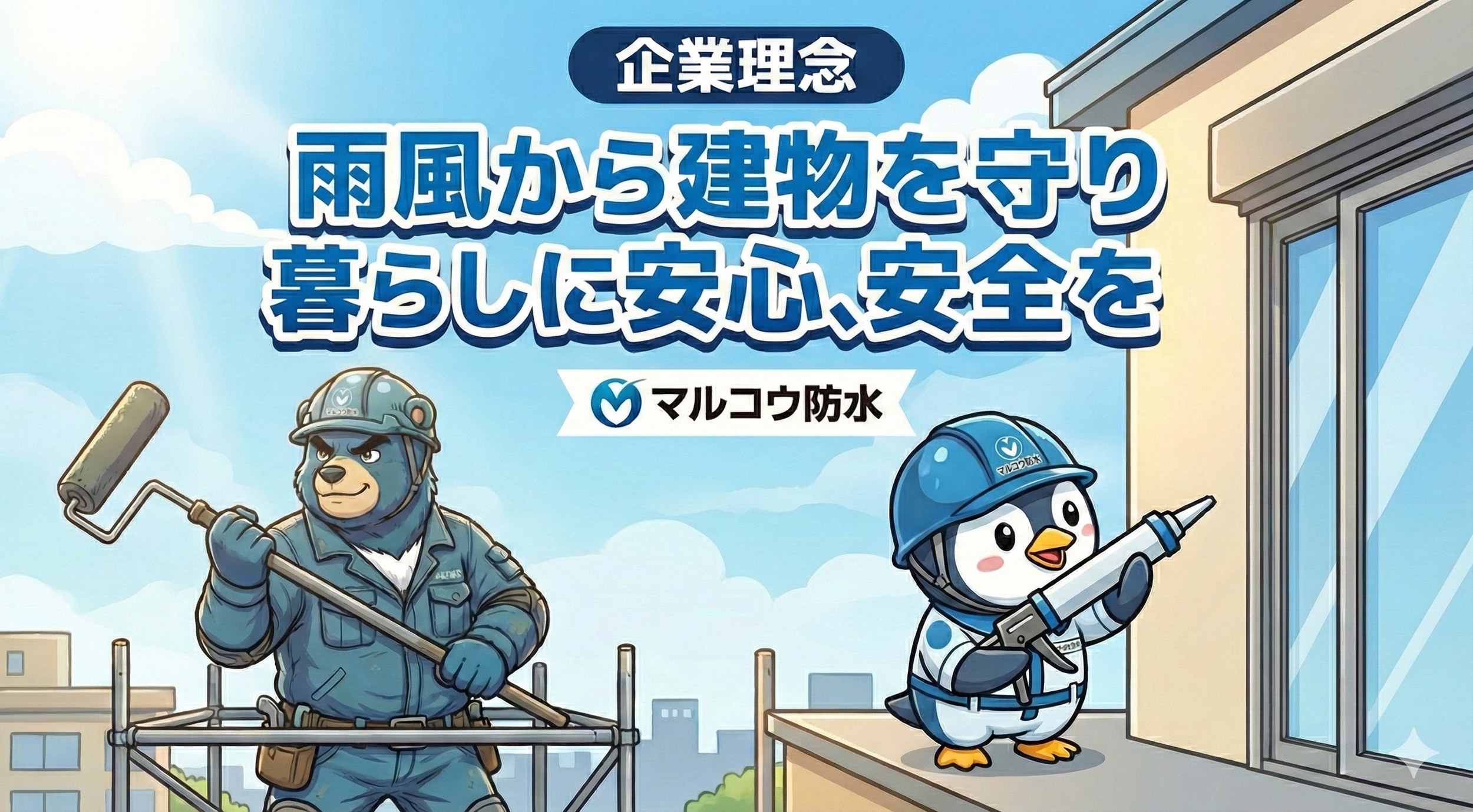 企業理念　雨風から建物を守り暮らしに安心、安全を　マルコウ防水