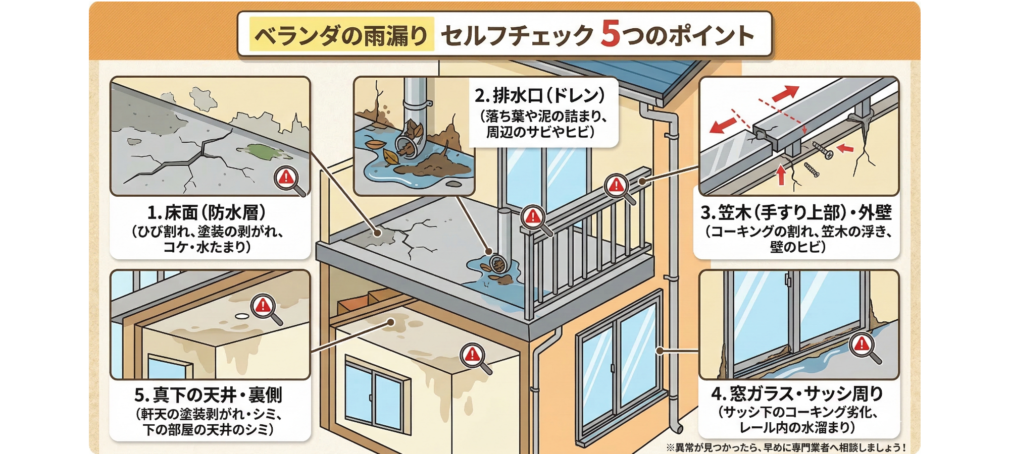 ベランダの雨漏り点検の5つのポイントを示す図像。床面のひび割れと塗装剥がれ、排水口の汚れと詰まり、笠木のひび割れと浮き、窓ガラスのコーキング劣化や水たまり、天井のシミや色あせを示している。