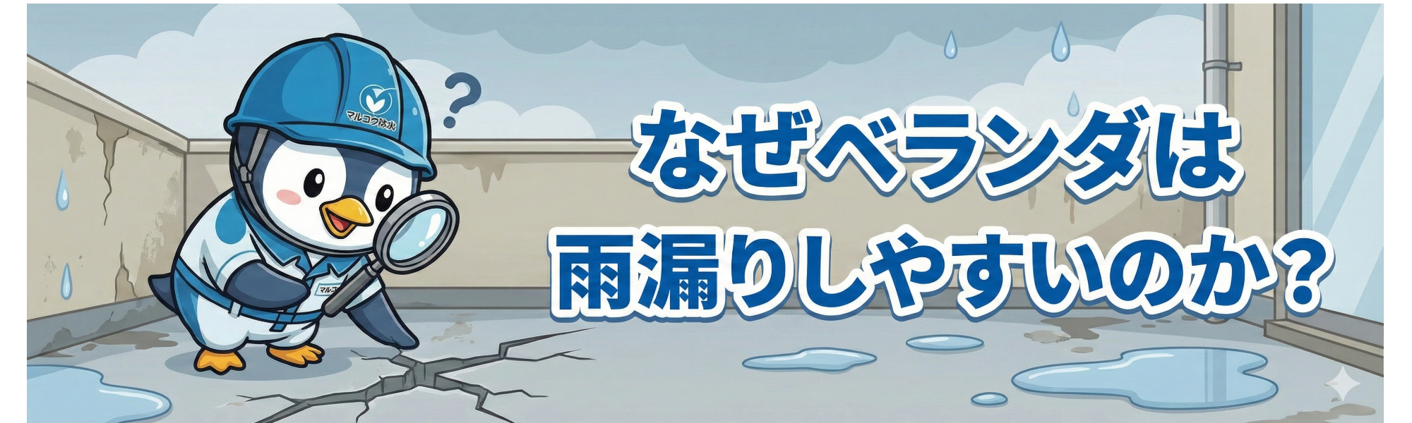 雨漏りの室内でペンギンのキャラクターが虫眼鏡で点検している様子と、雨漏りに関する説明文。