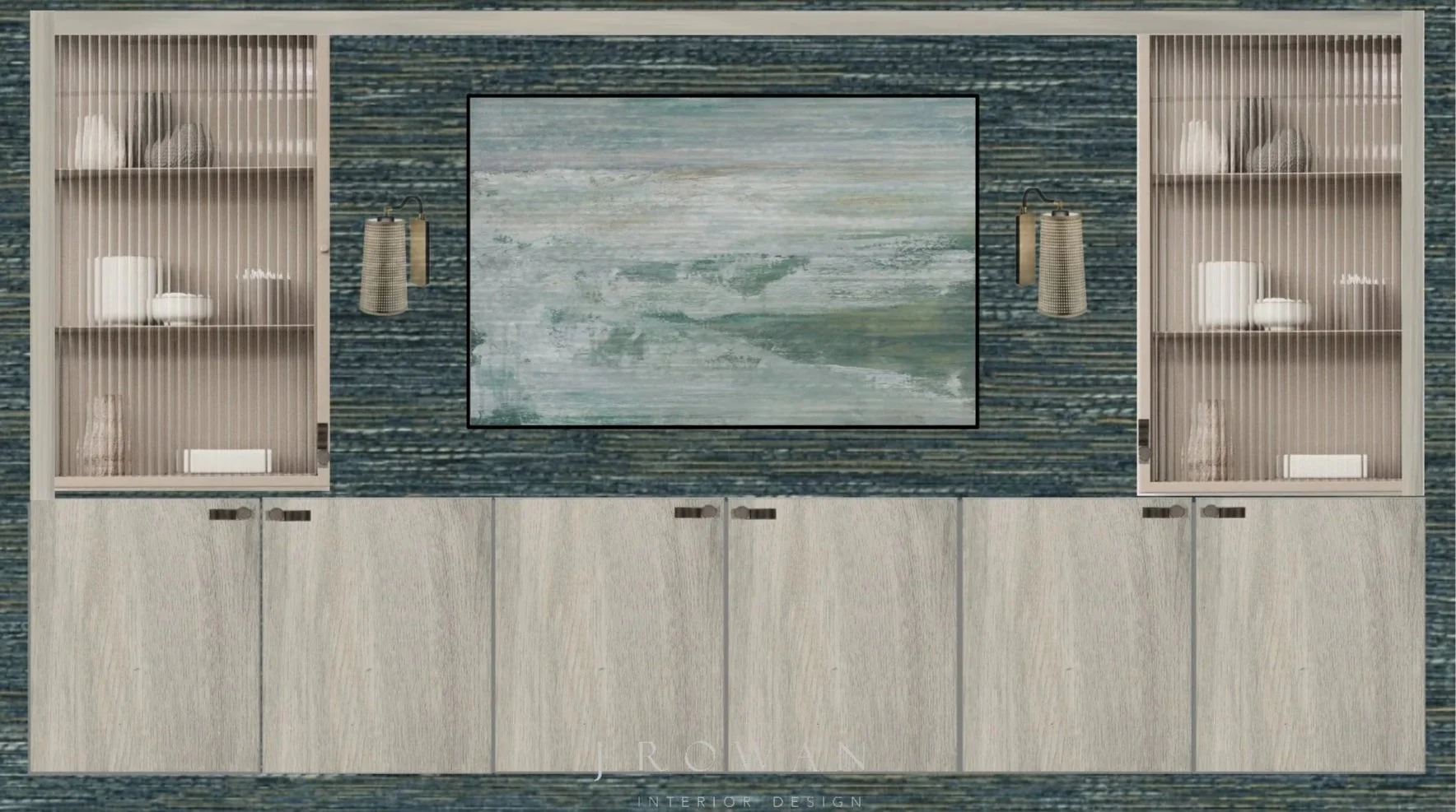 A built-in white cabinet with glass doors displaying decorative objects, positioned on either side of an abstract painting on a dark textured wall.