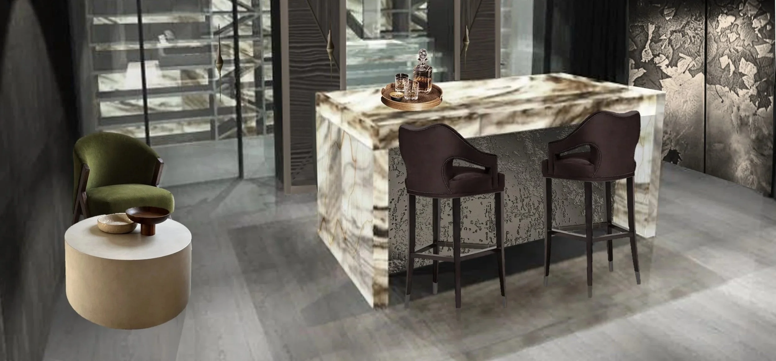 Luxury home bar cgi design with illuminated onyx bar.