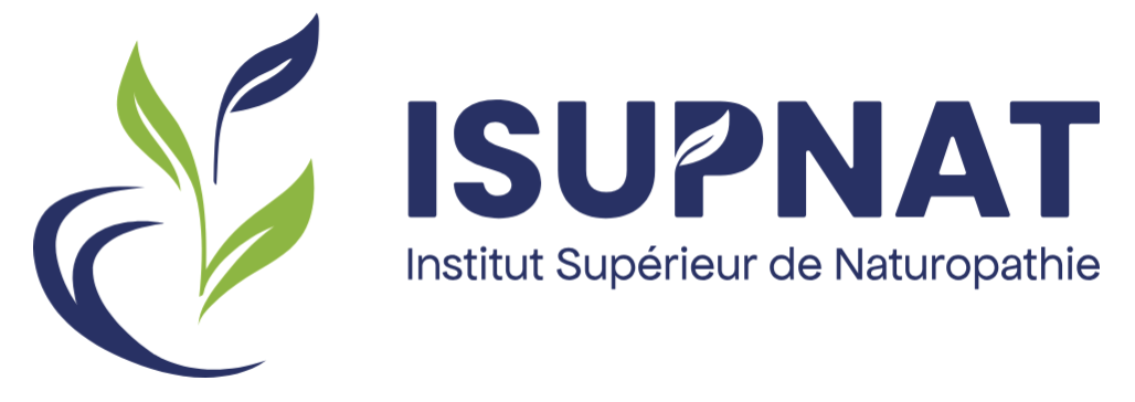 Logo de l'Institut Supérieur de Naturopathie (ISUPNAT) avec des feuilles stylisées en vert et bleu.