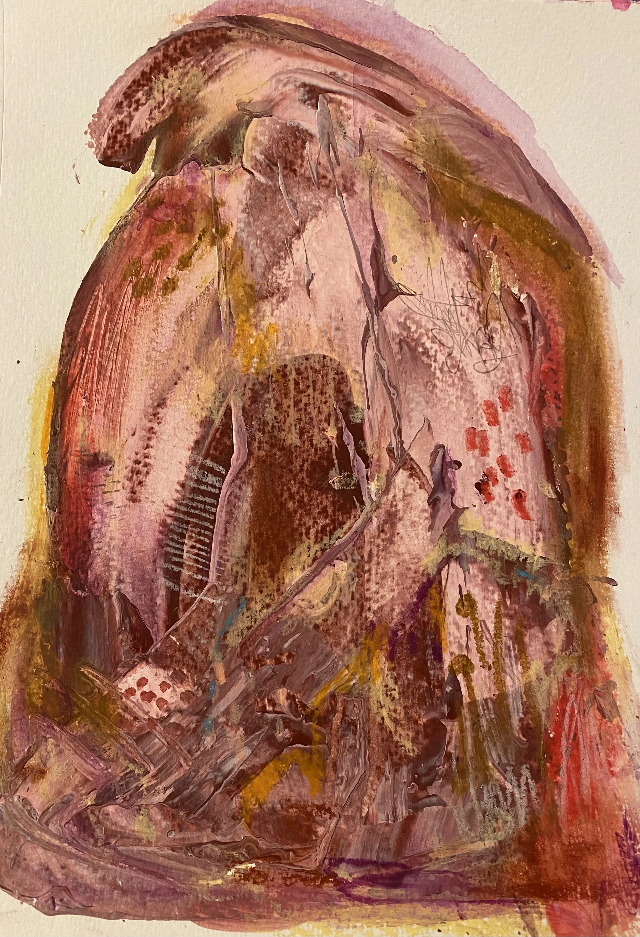 Abstract expressionist painting with shades of pink, red, yellow, and brown using brushstrokes, drips, and textures.