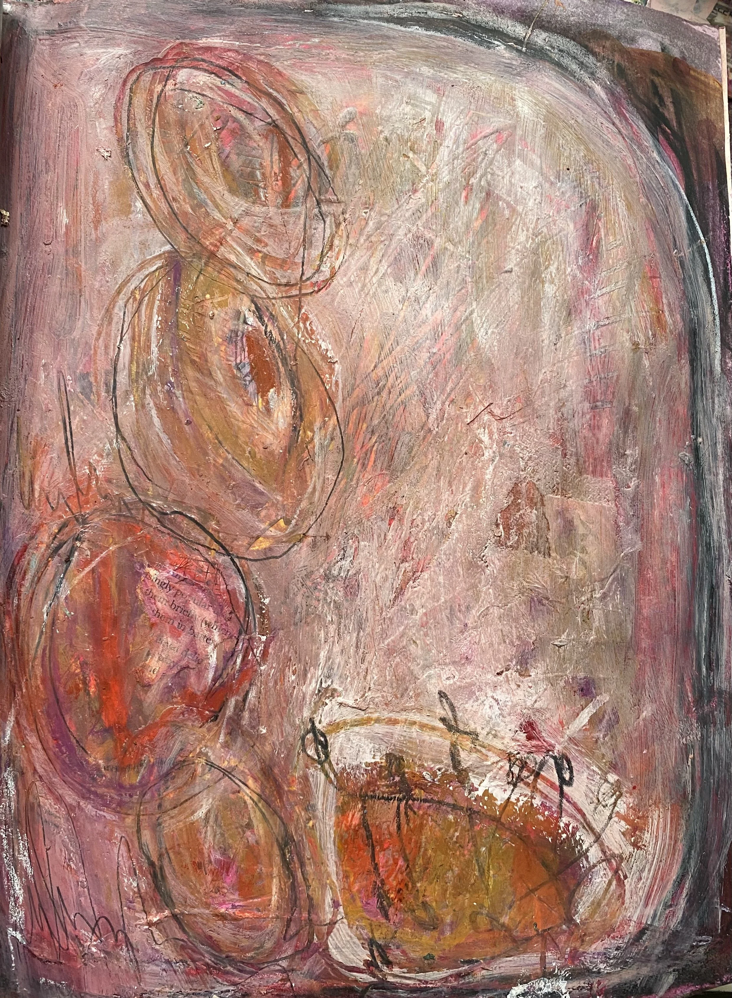 Abstract painting featuring overlapping oval and circular shapes in pink, orange, and brown tones with loose black lines and textured brushstrokes.