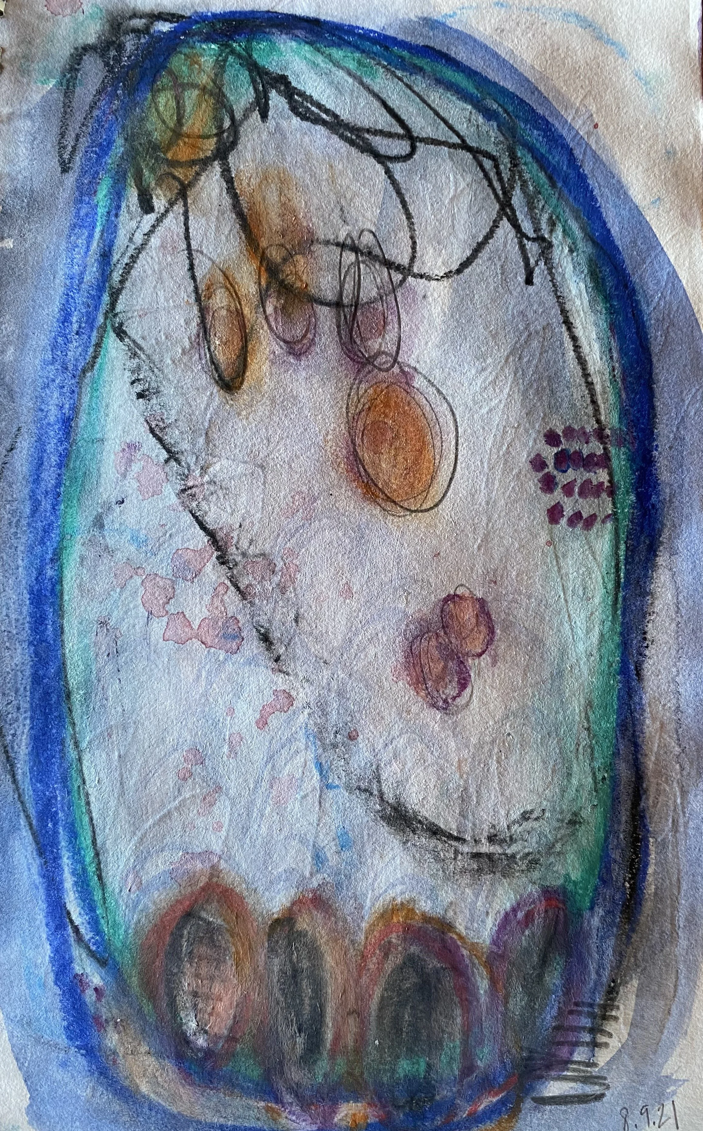 Abstract mixed media artwork featuring colorful circles, scribbles, and patches of different colors and textures.