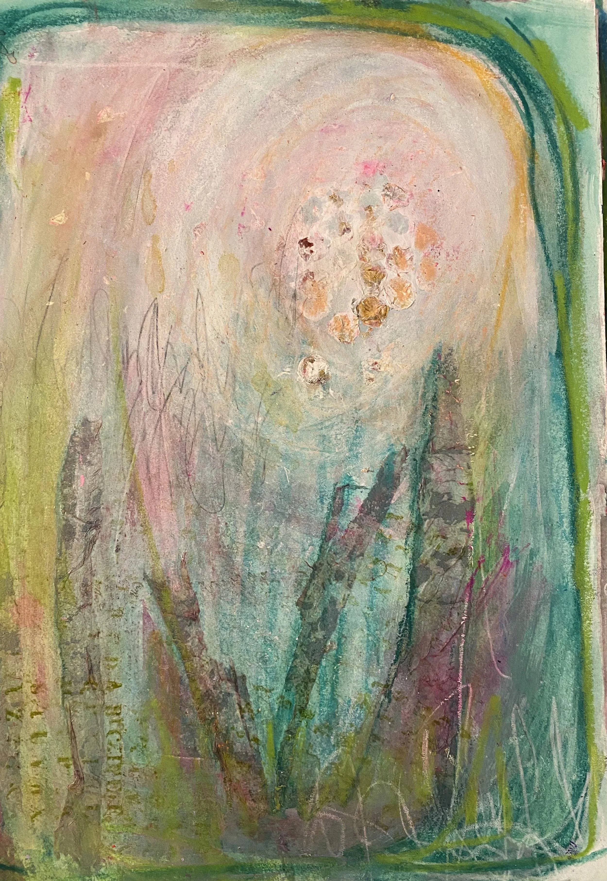 An abstract painting with soft pastel colors, depicting a cluster of white and pink flowers in the center, surrounded by swirling pastel hues, green, yellow, blue, and pink.