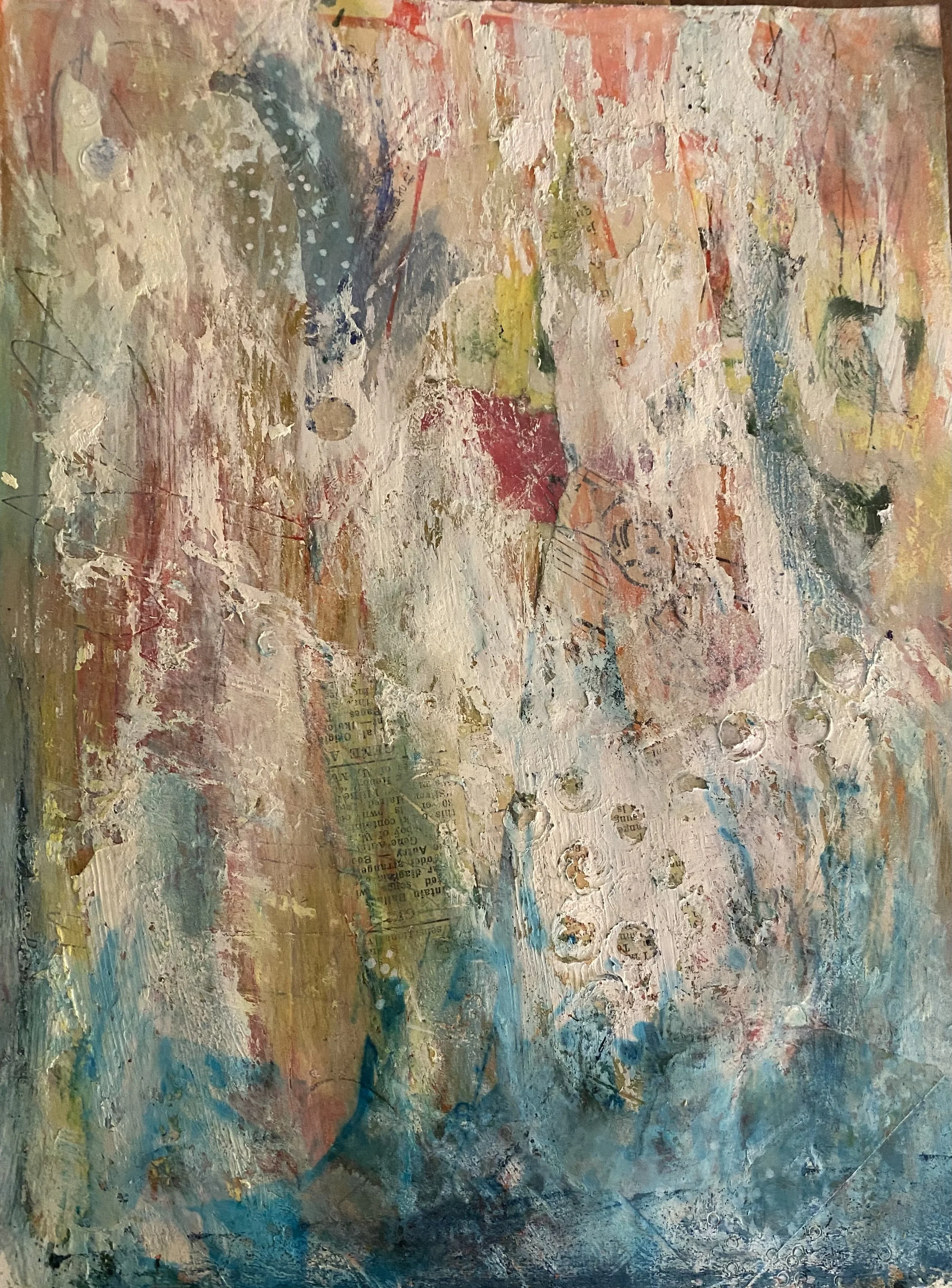 Abstract mixed media painting with pastel colors, textures, and collage elements.