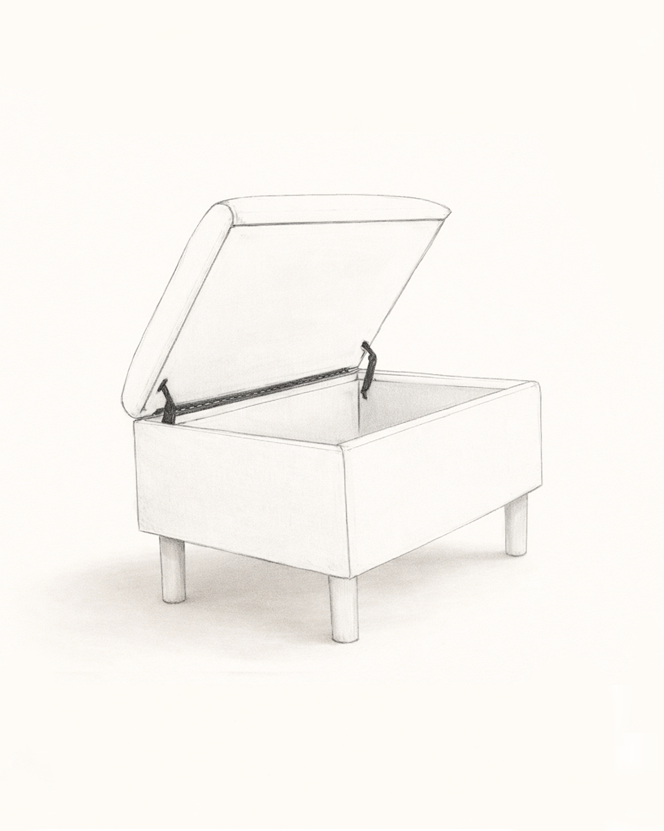 A simple black-and-white sketch of an open storage chest or box on four legs, with its lid propped open.