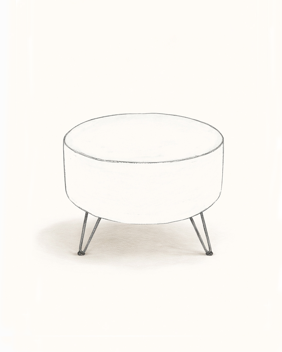 Sketch of a round, white upholstered armchair with three black metal legs.