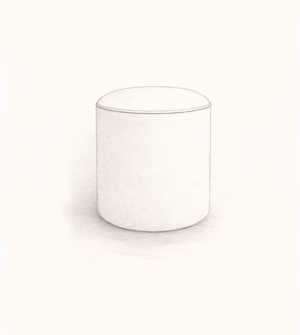 A simple, minimalist sketch of a cylindrical pouf with a rounded top, shown in a light gray tone.