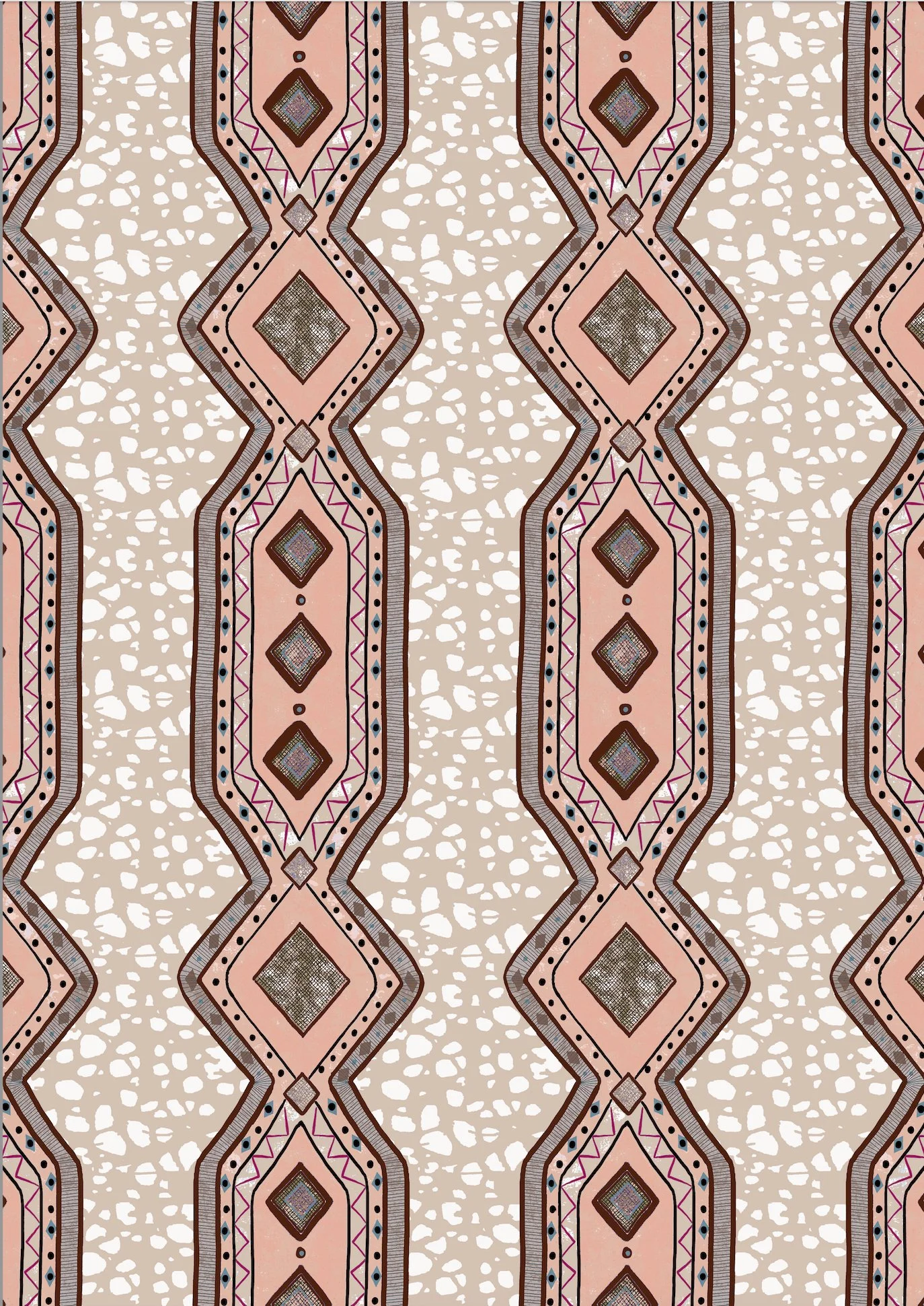 A repeating geometric pattern with diamond shapes and zigzag lines in shades of brown, pink, and black on a beige background with white irregular shapes.