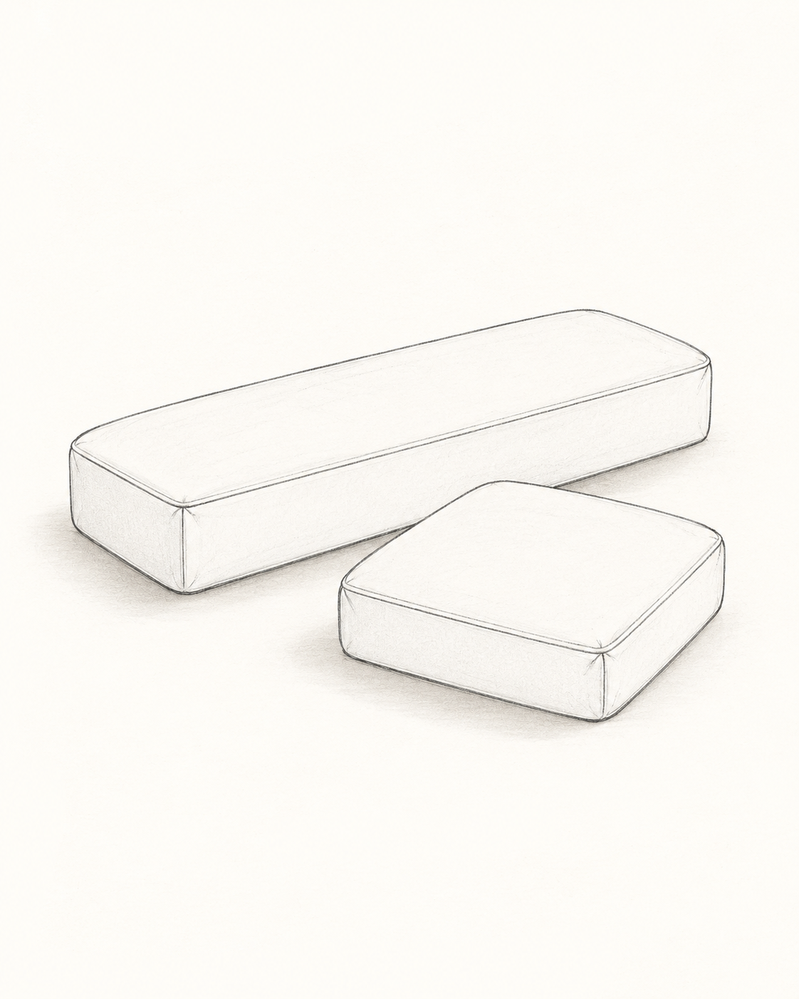Sketch of two rectangular cushions or pillows, one long and thin, the other square, placed on a flat surface.