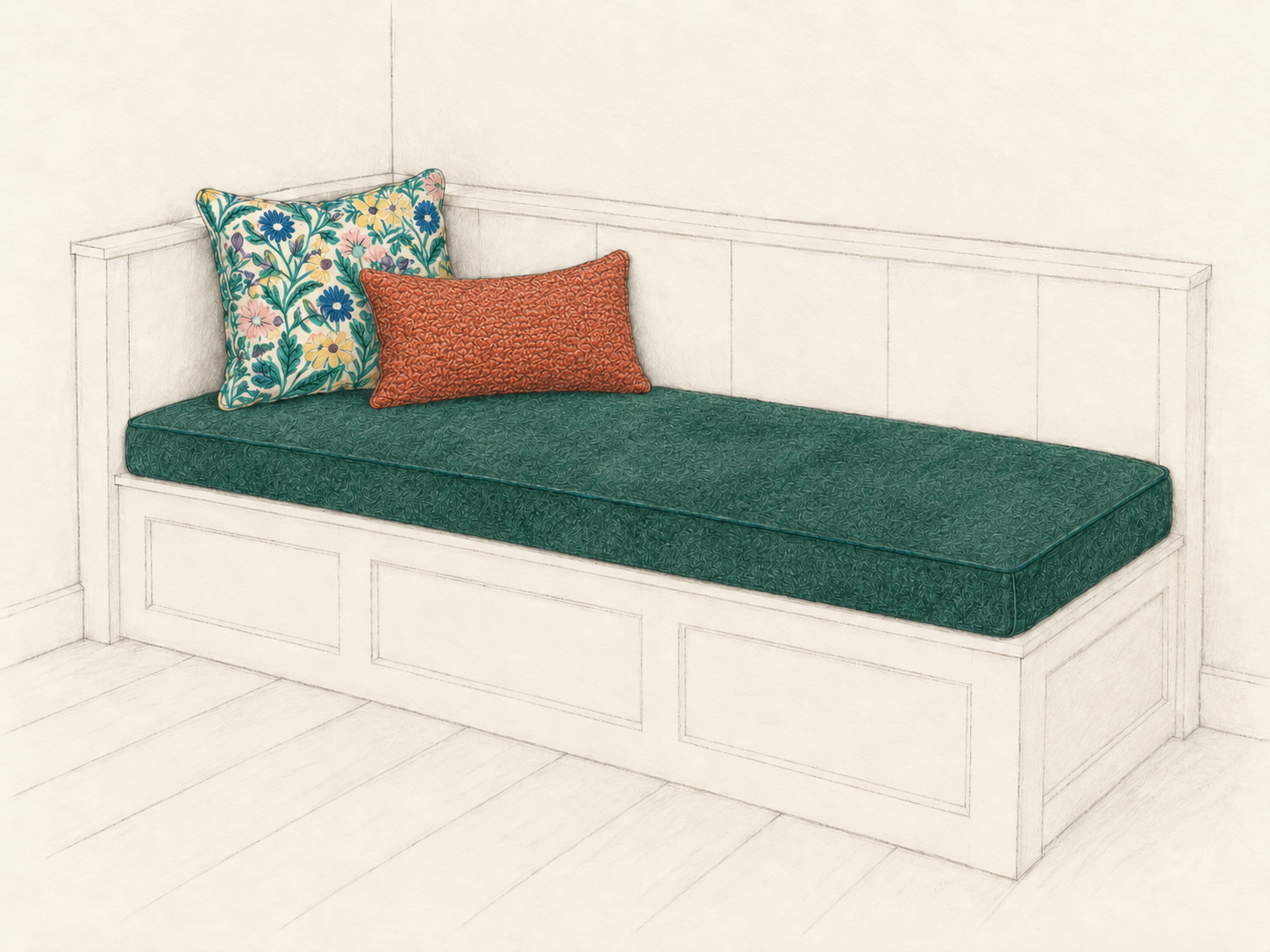 A corner of a room with a built-in bench with a dark green cushion and two pillows, one floral and one orange, against a light wall with a partially colored sketch style.