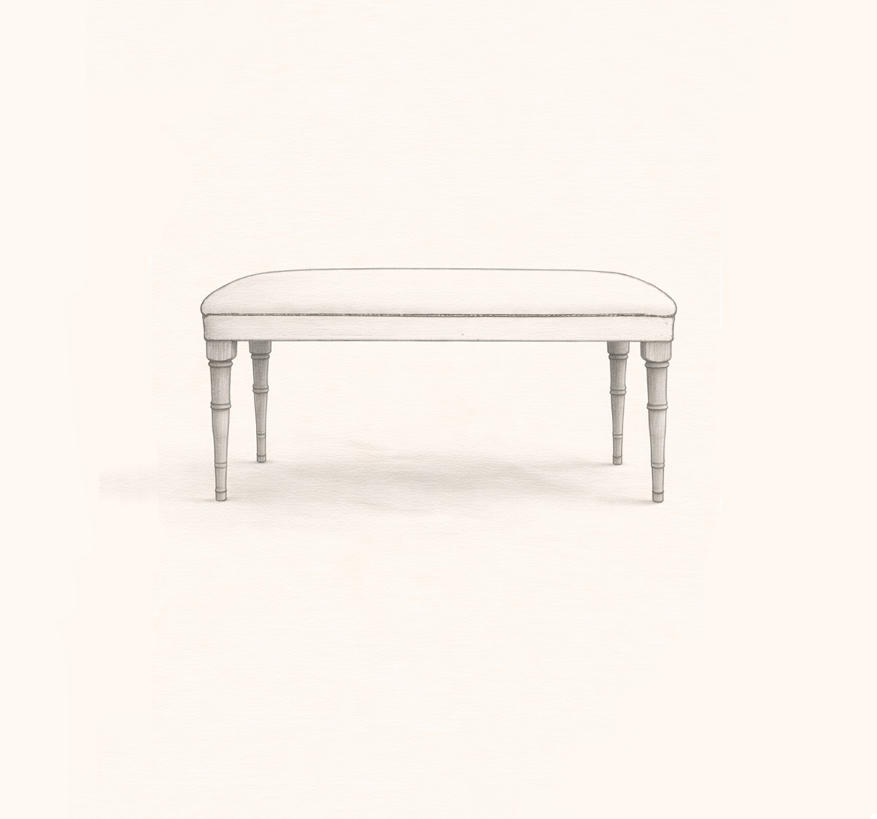 A simple, white upholstered bench with four wooden, turned legs, centered on a plain background.