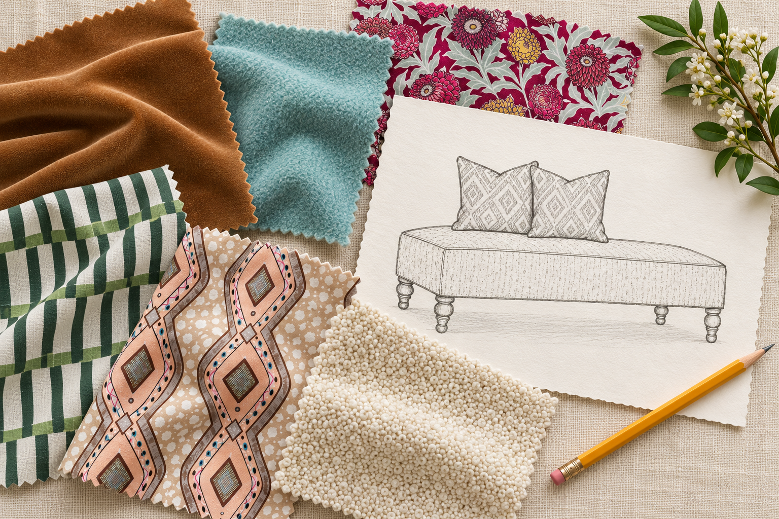 Interior design mood board with fabric swatches, a pencil, and a sketch of a sofa with pillows for a custom upholstery project.