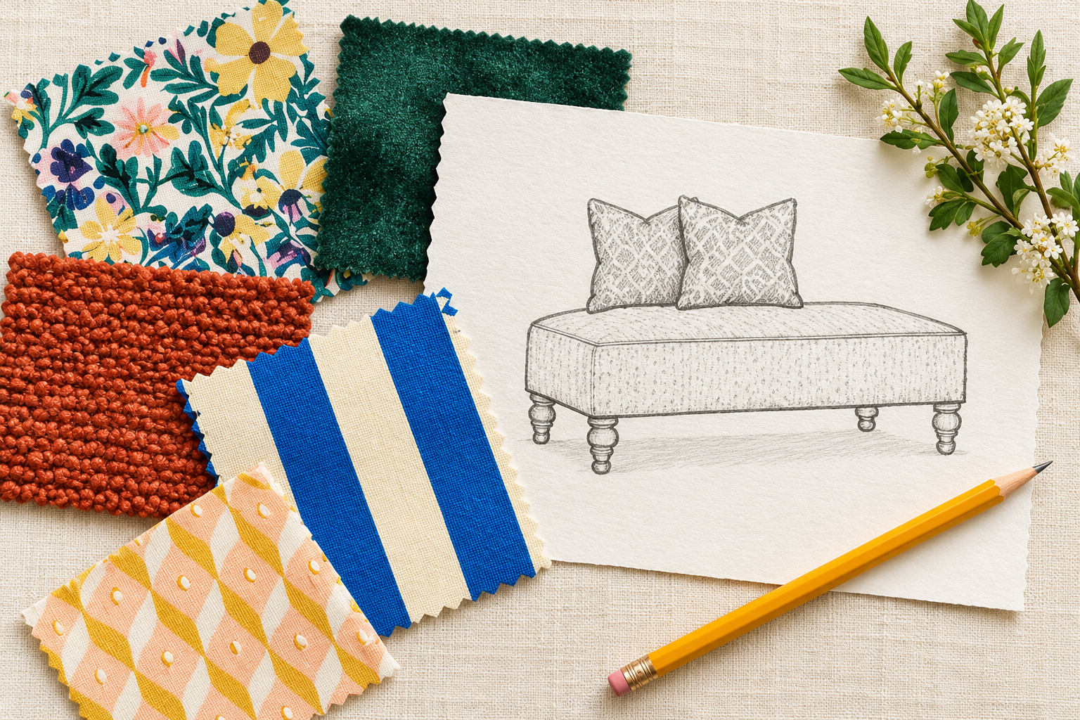 A sketch of a bed with two decorative pillows surrounded by various fabric samples and a sprig of greenery with small white flowers.