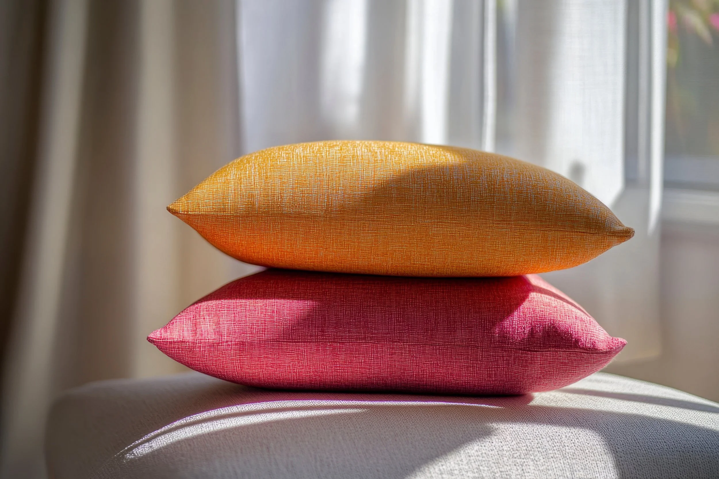 Stacked colorful cushions in pink, orange, and peach on a white surface near a window with sheer curtains.