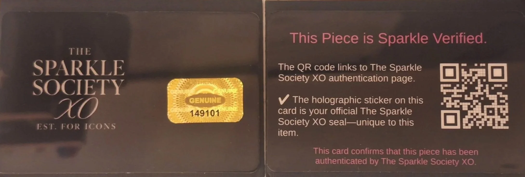 Front and back of The sparkle Society XO CoA Card