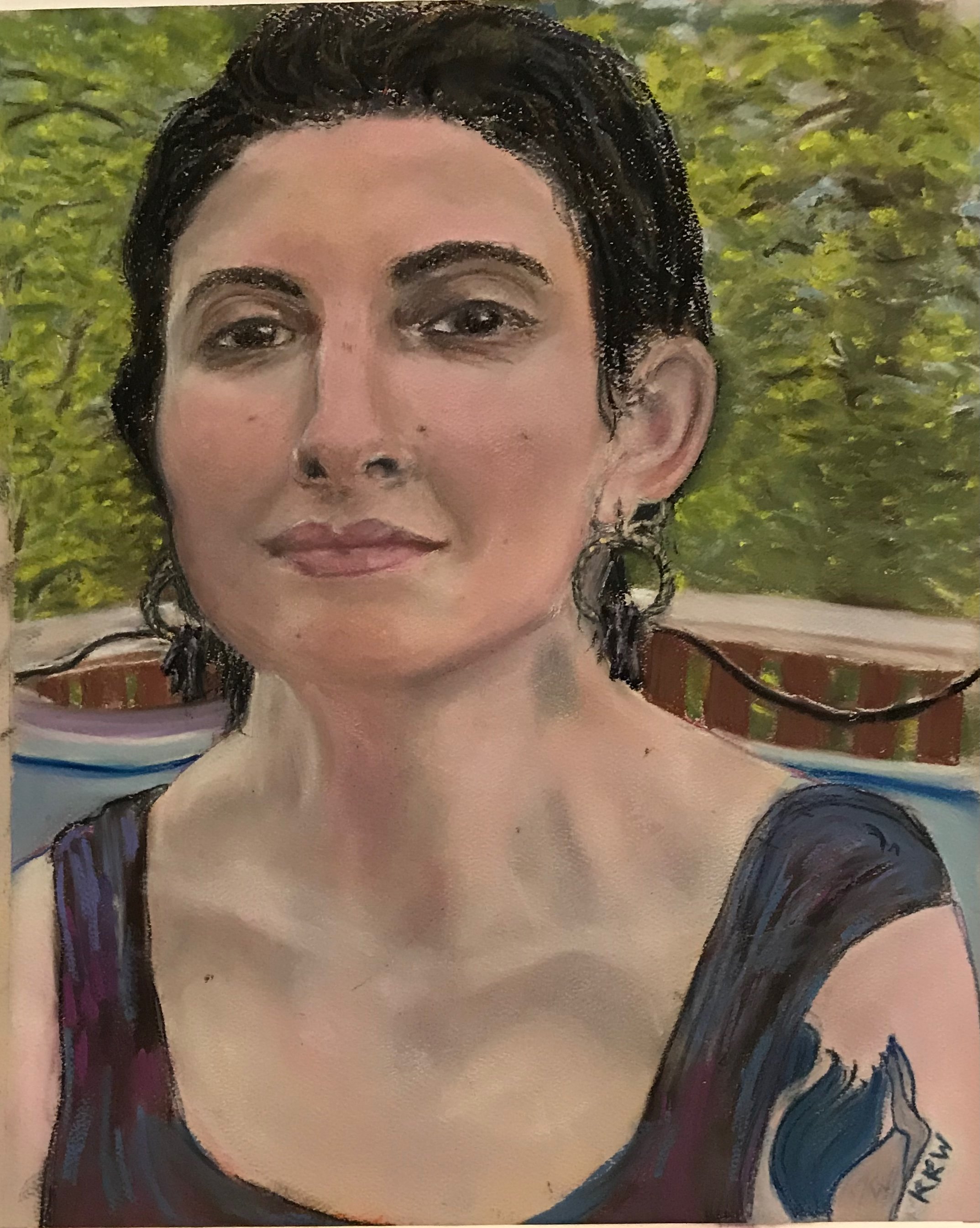 "Sarah", 2019. Soft pastel on acid-free. premium-grade pastel paper. Image: 9.75" x 13". Custom-framed with lightly scrolled, "tarnished silver" wood and UV-protective glass; double "floater" matting of acid-free blush under top matting of navy. Dim