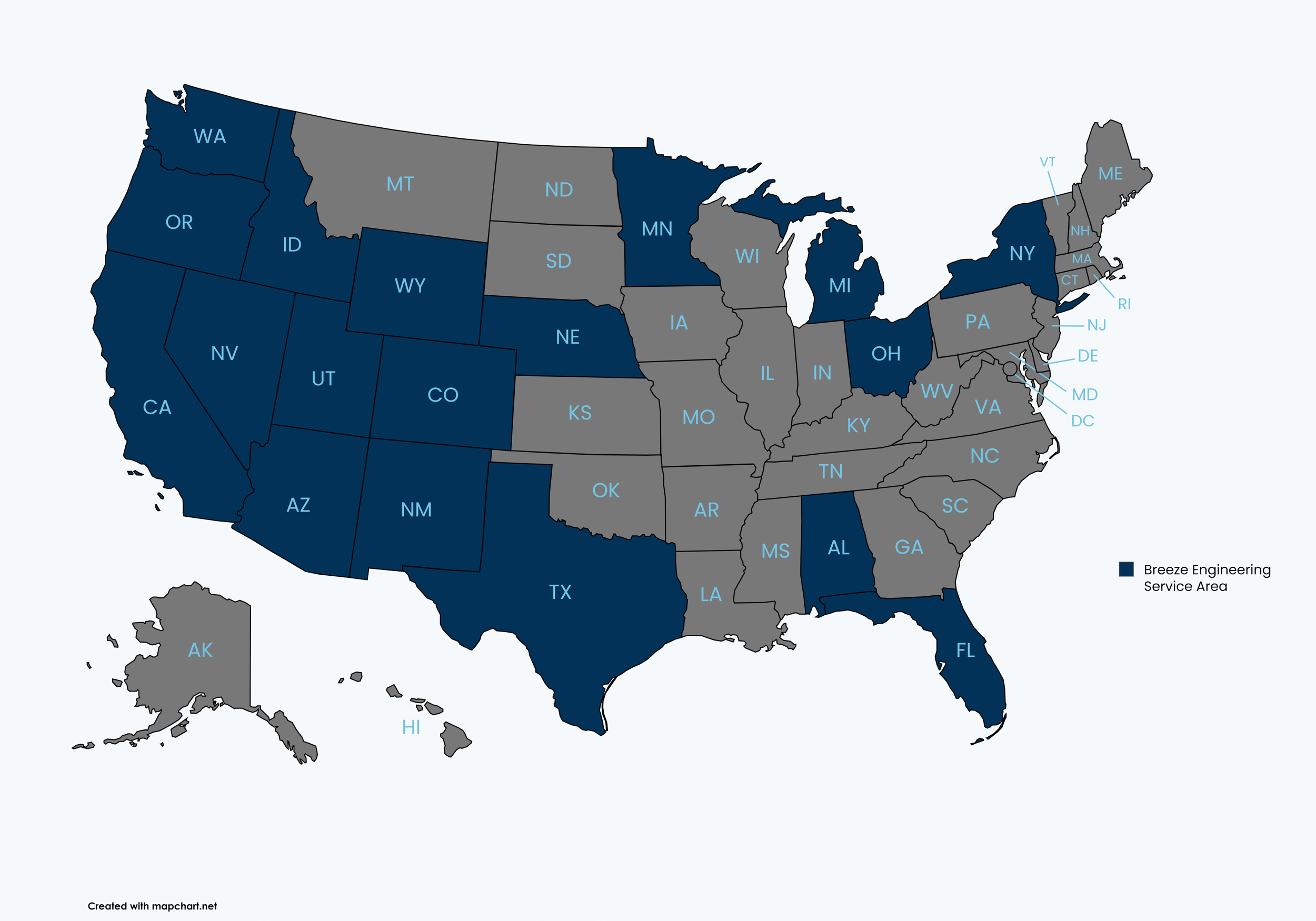 Map of the United States showing states in dark blue labeled as 'Breeze Engineering Service Area' and other states in gray.