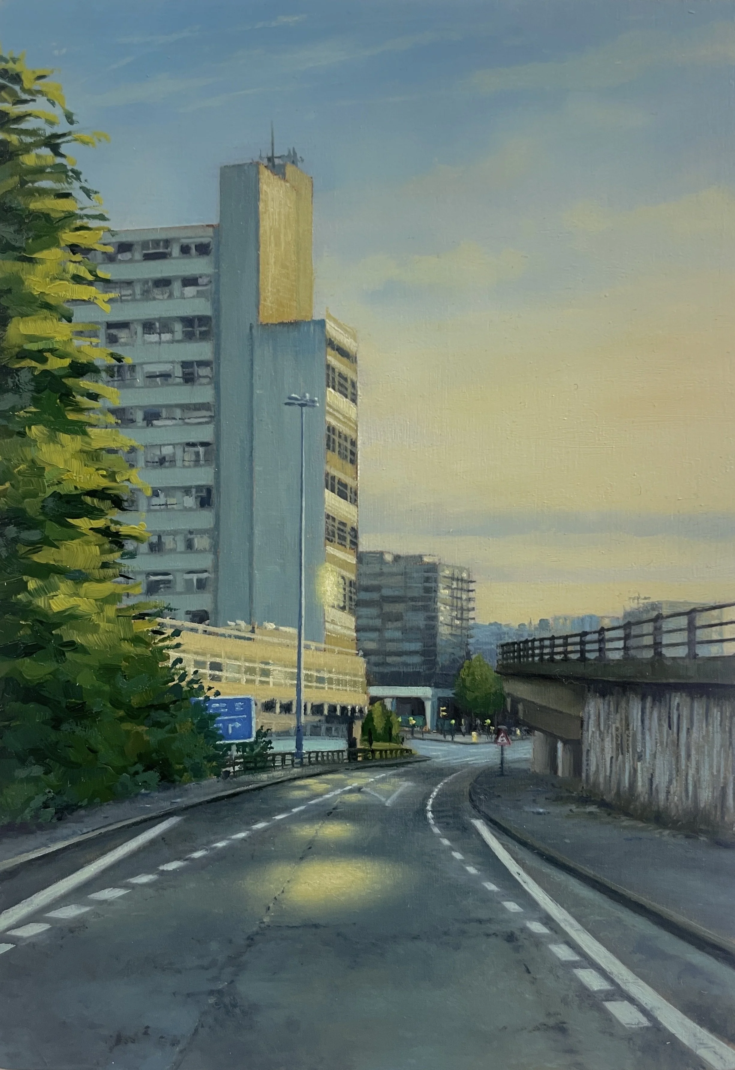UMIST At Dusk - Oil on cradled panel  15x20cm 