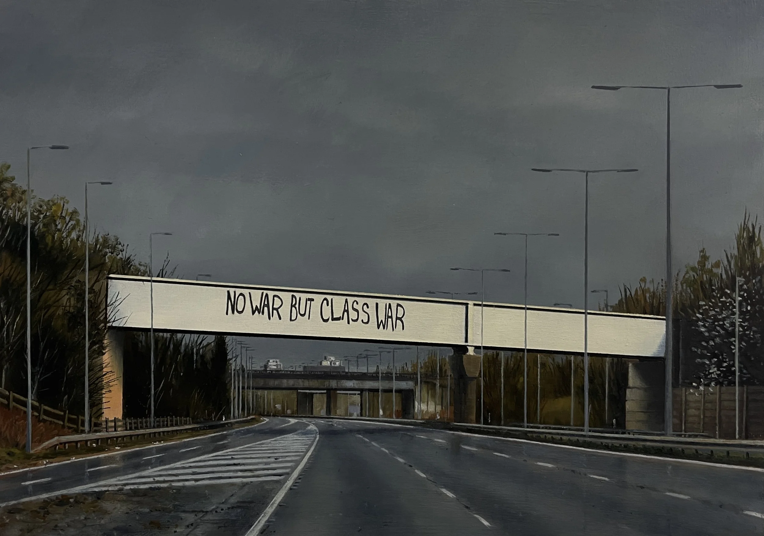 No War But Class War - M6 Oil on cradled panel 20x30cm Acquired by Manchester Art Gallery 
