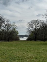 Scenic view of a grassy field leading to a lake, surrounded by bare trees under a cloudy sky.