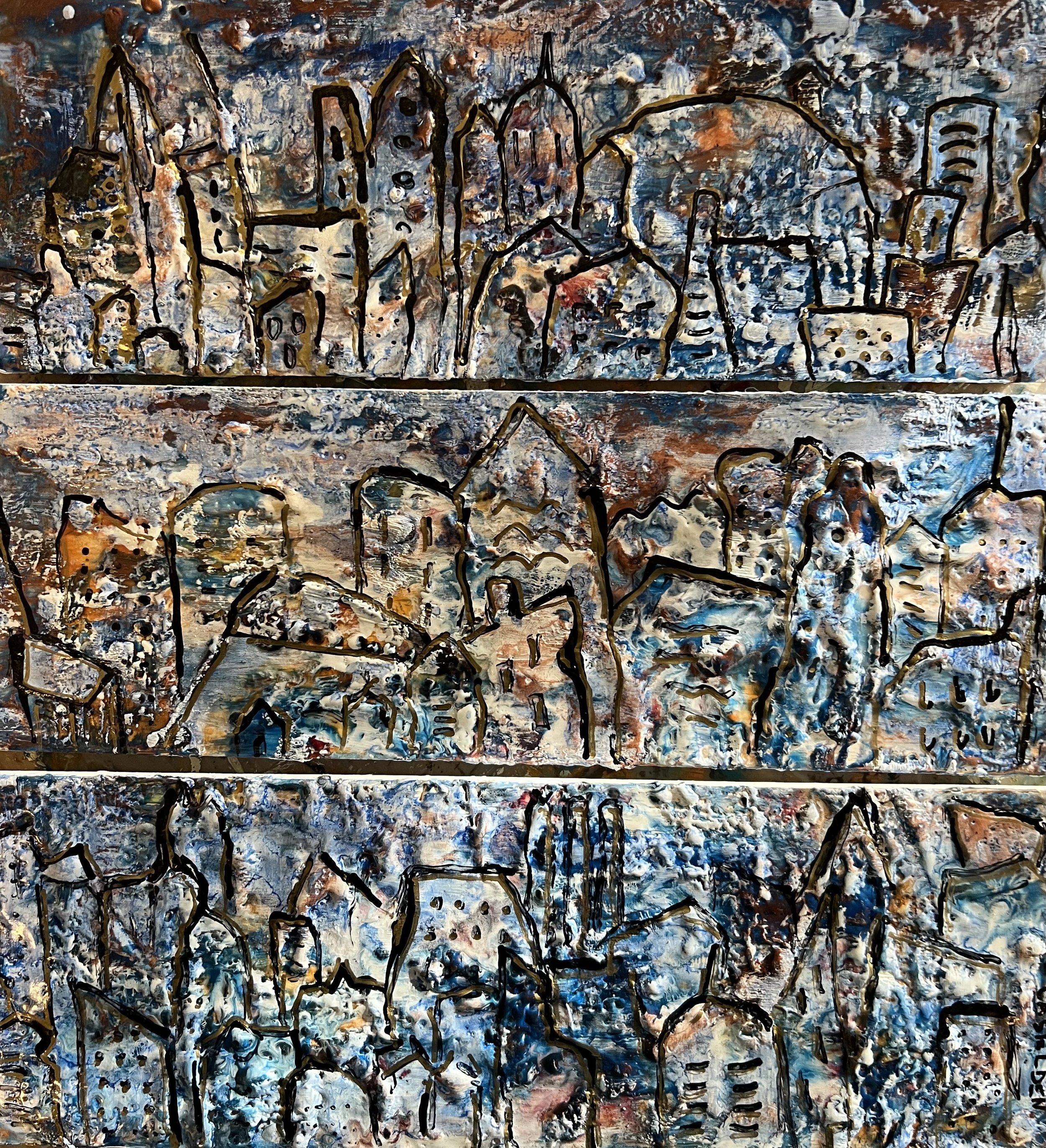  Urban Contours, 2025. Encaustic and oil on board, 5”x14” (individually). $600 