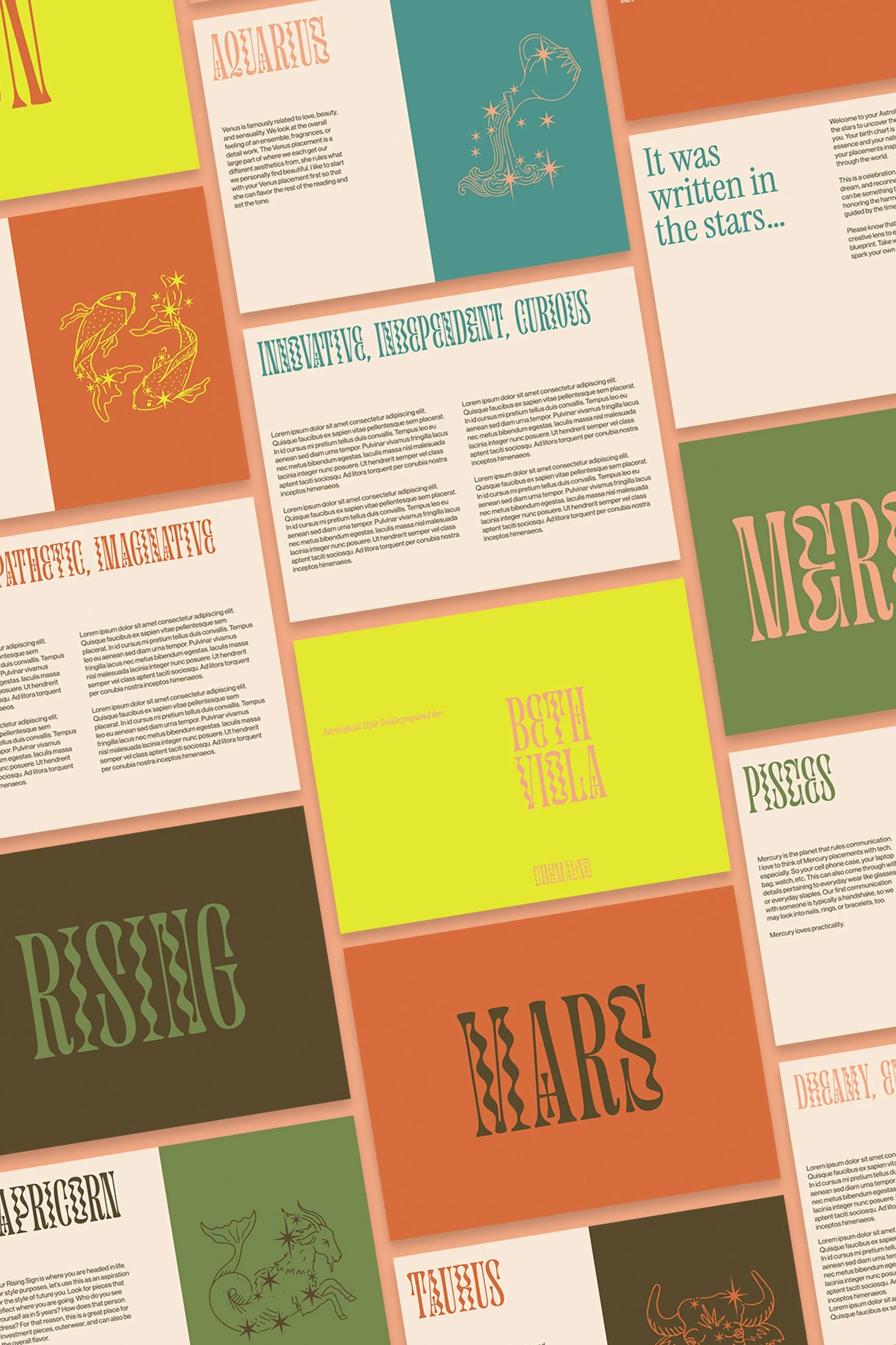 A collage of colorful astrology-themed cards and booklets with zodiac signs, constellation illustrations, and text in various fonts.