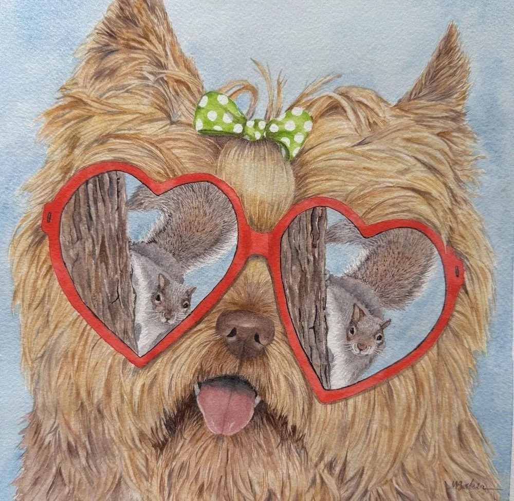 Squirrel! 10x10" watercolor on paper; this painting will be on display and for sale at Dutch Art Gallery in Dallas beginning October 3, 2026.