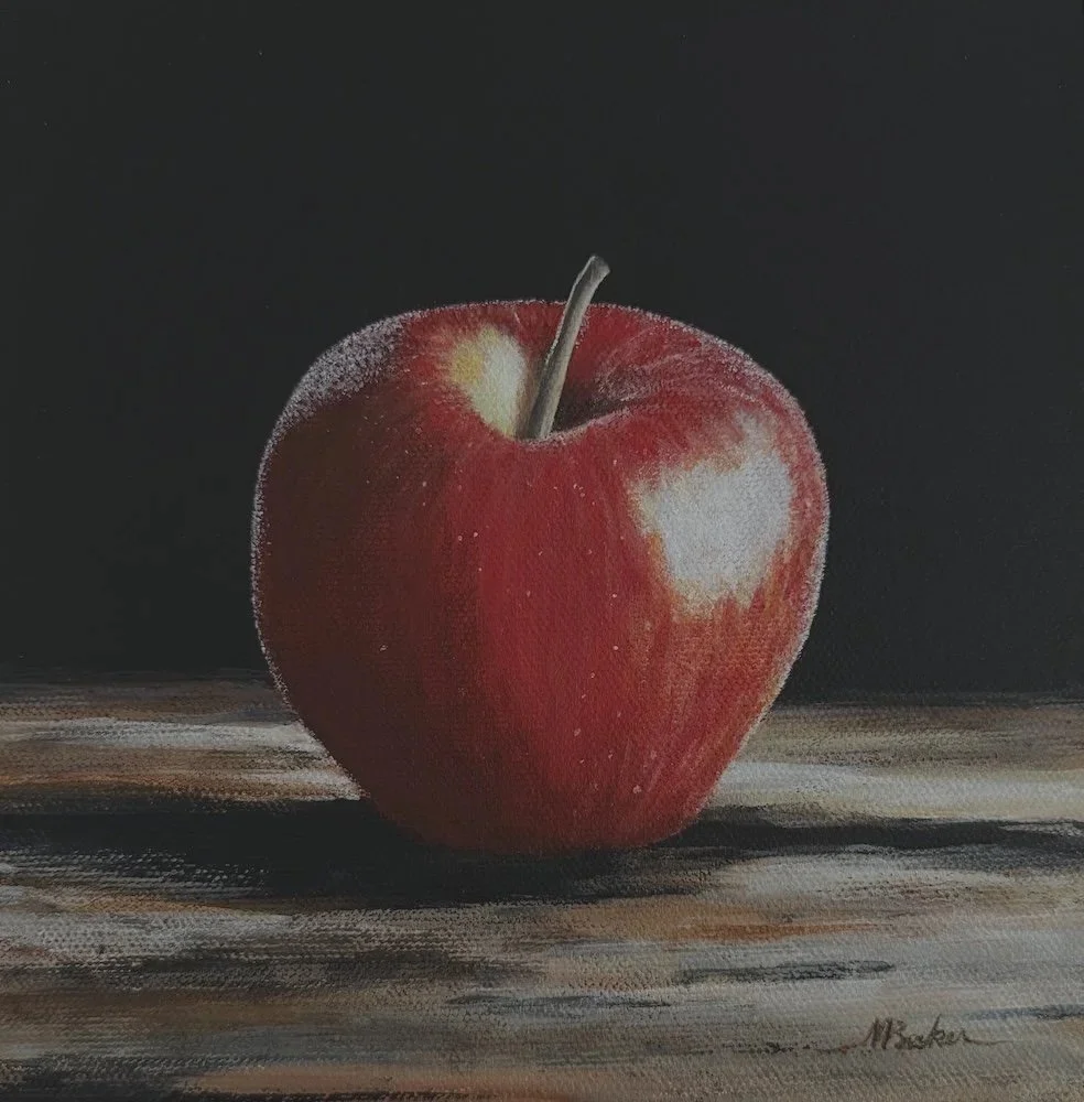 Lone Apple; 8x8" acrylic on canvas; this painting will be on display and for sale at Dutch Art Gallery in Dallas beginning October 3, 2026.