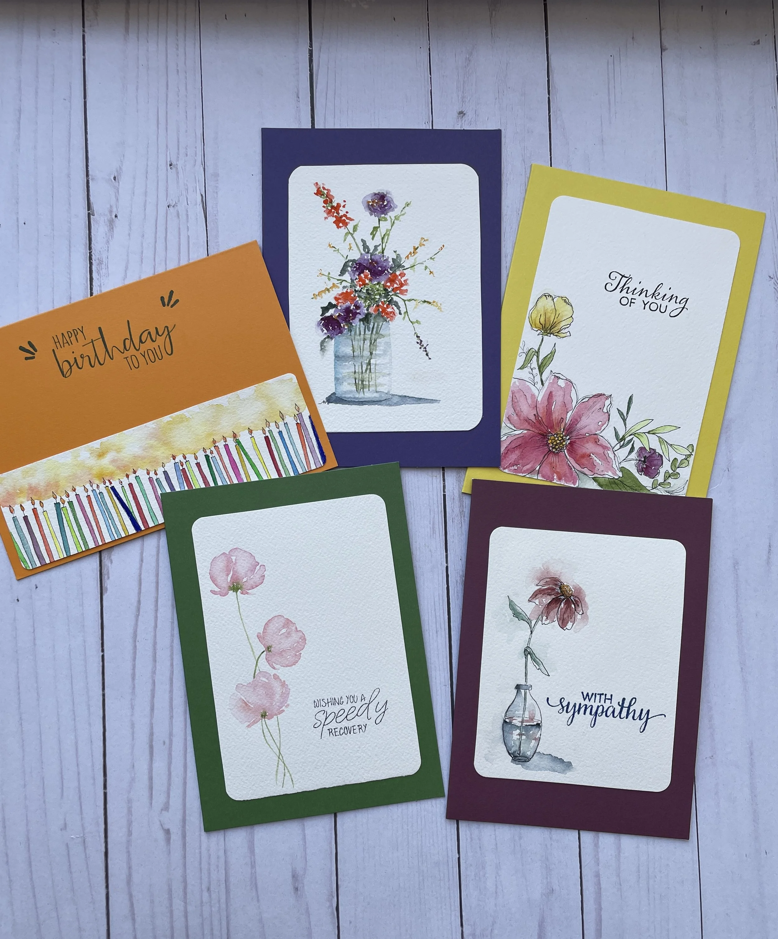 Set Two. Original Watercolor Art. 5"x7".
White inside, blank inside, white envelopes included. Set of 5 $60

