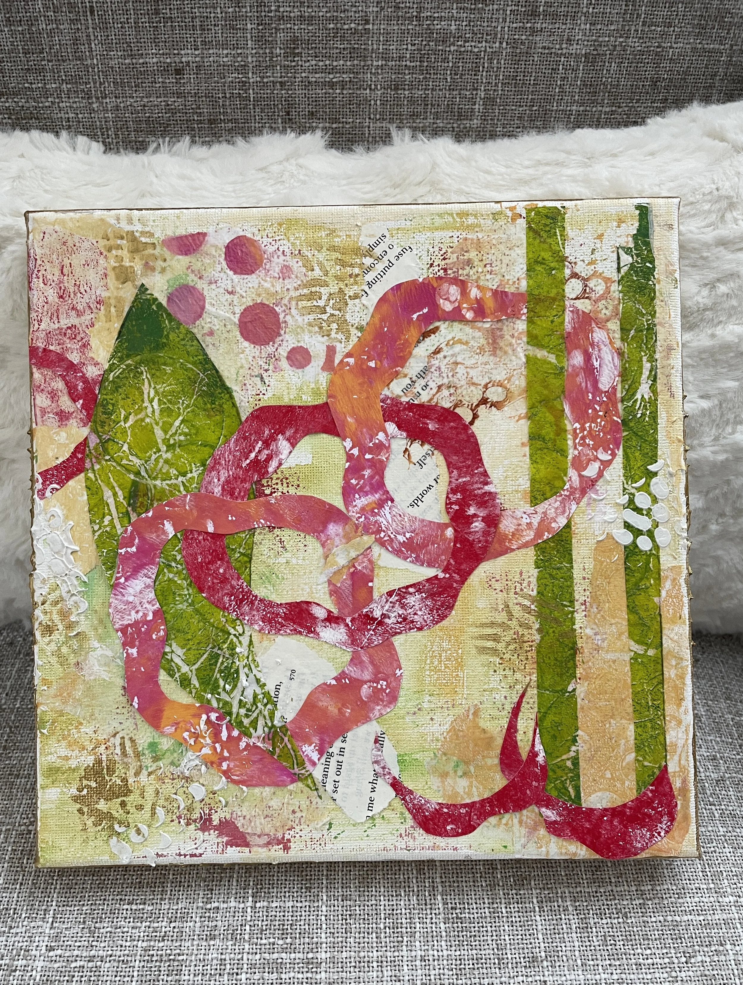 Pink Circles 8" square Collage on wrapped Canvas; $175