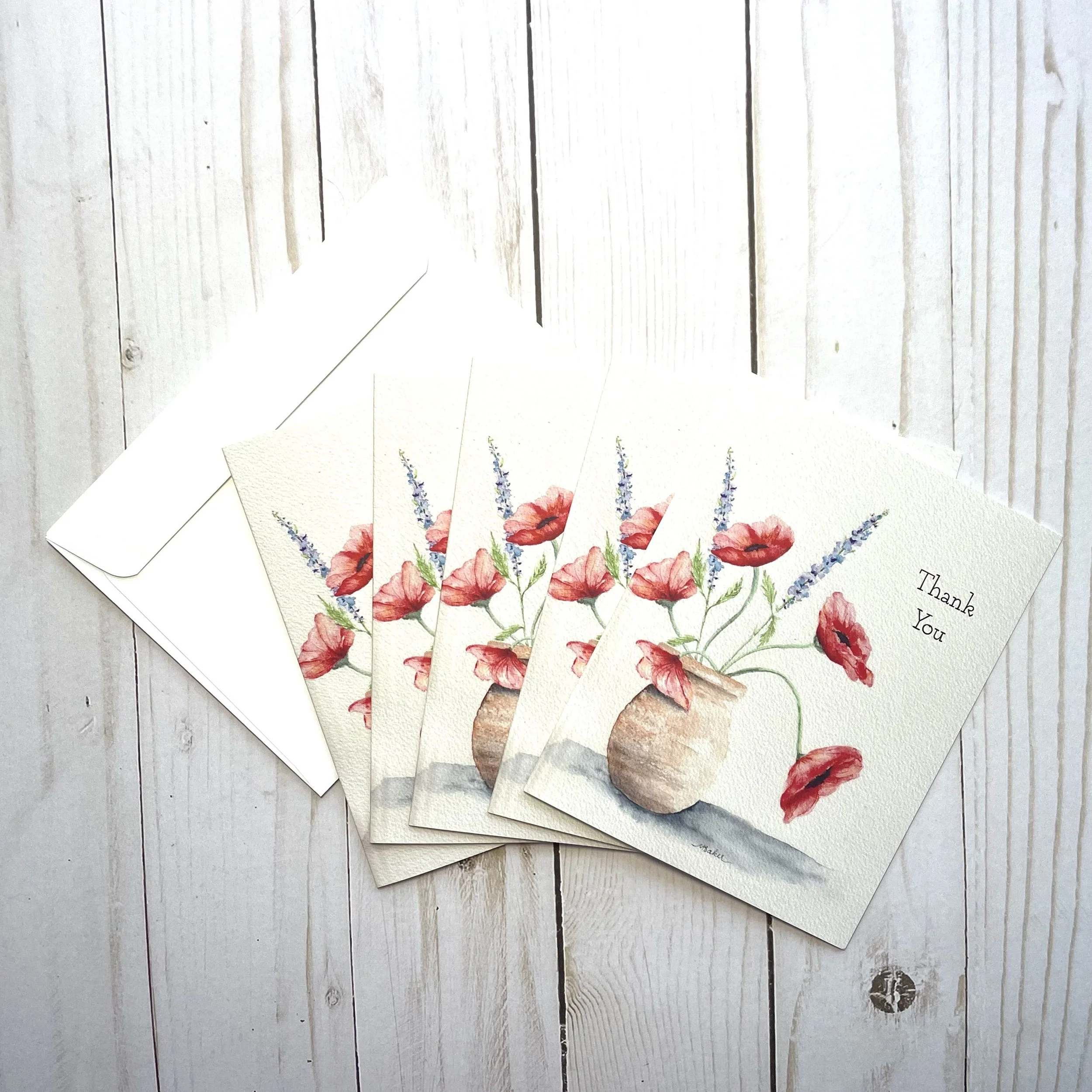 Thank You Cards, set of 5.  4.25” x 5.5”, blank inside, white envelopes included. All cards are the same. $25/set of five. Quantities limited.
