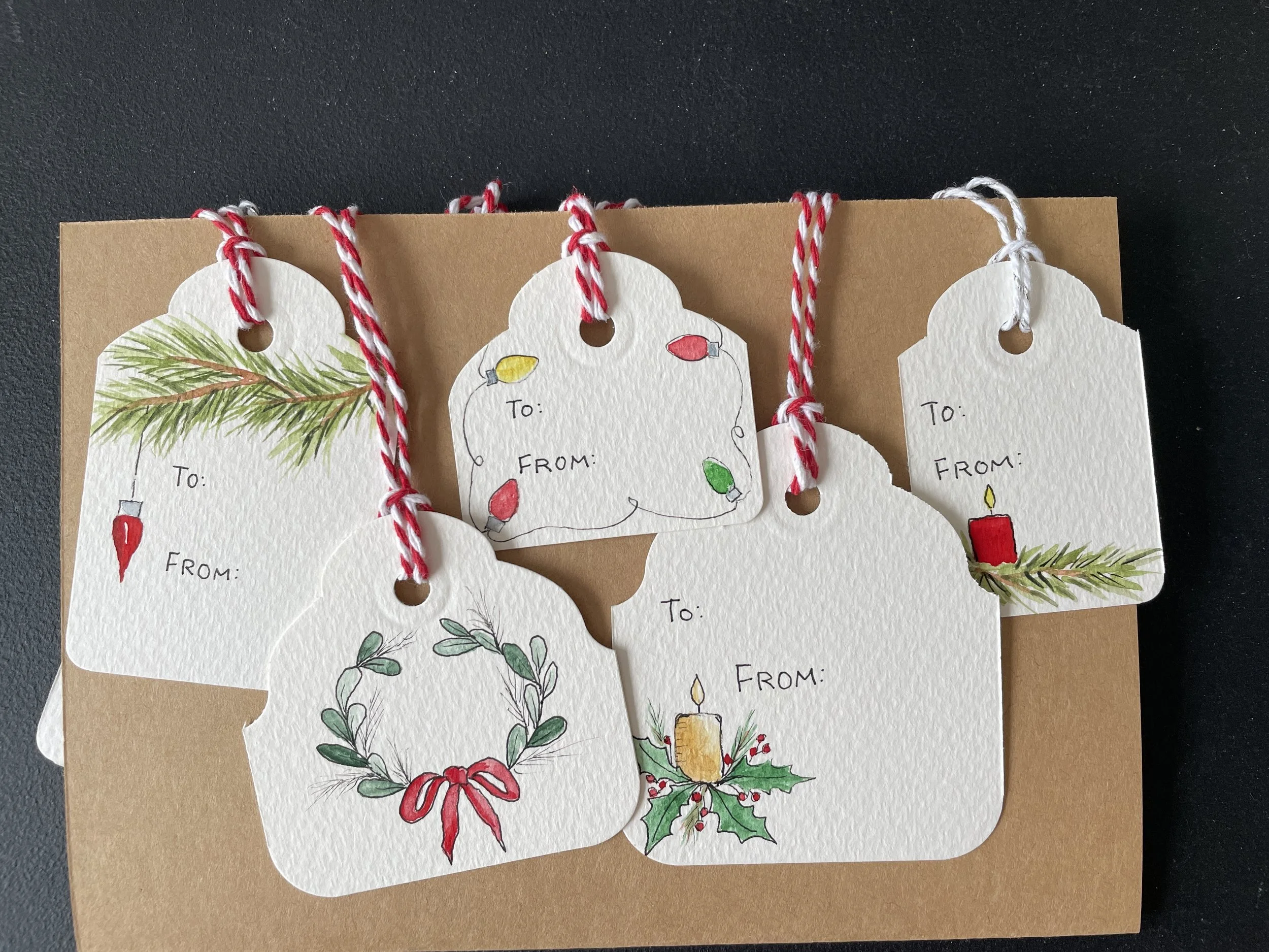 Christmas Gift Tags. Various sizes and designs, each with original watercolor art. Dimensions range from 1.5”-2.5”. Set of 10 $40
