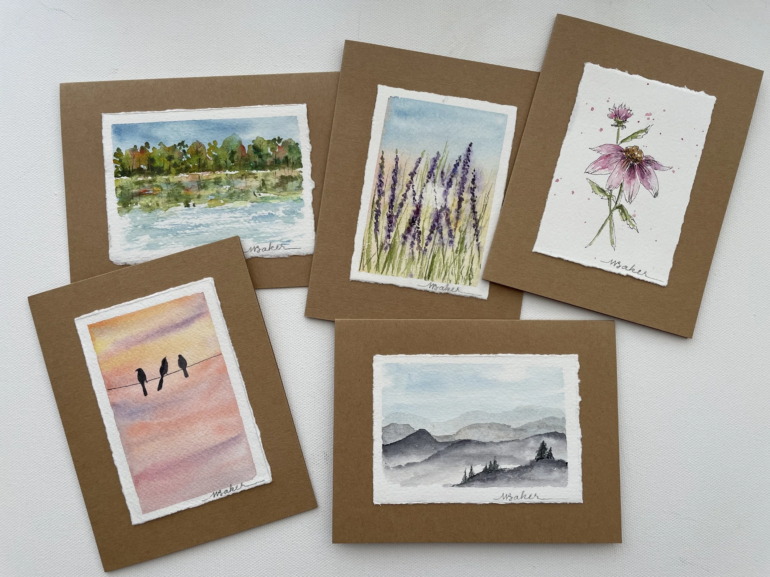Kraft Paper Cards. 4.25” x 5.5” with Kraft paper envelope. Original Watercolor Art, styles vary, no two cards are alike. Set of 5 $50
