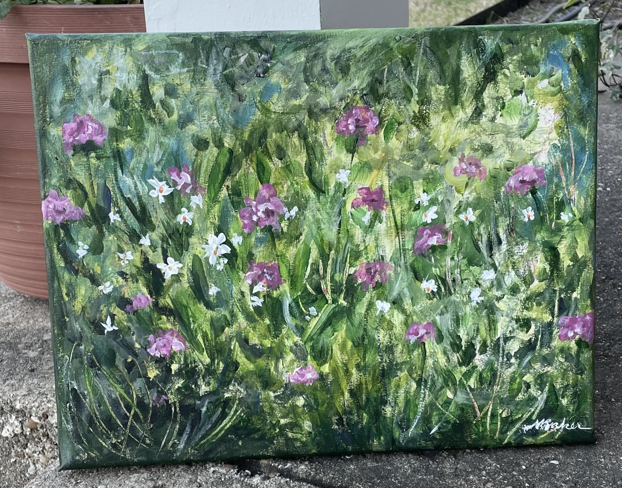 Purple Flowers; original acrylic painting on wrapped canvas; 11x14"; $300