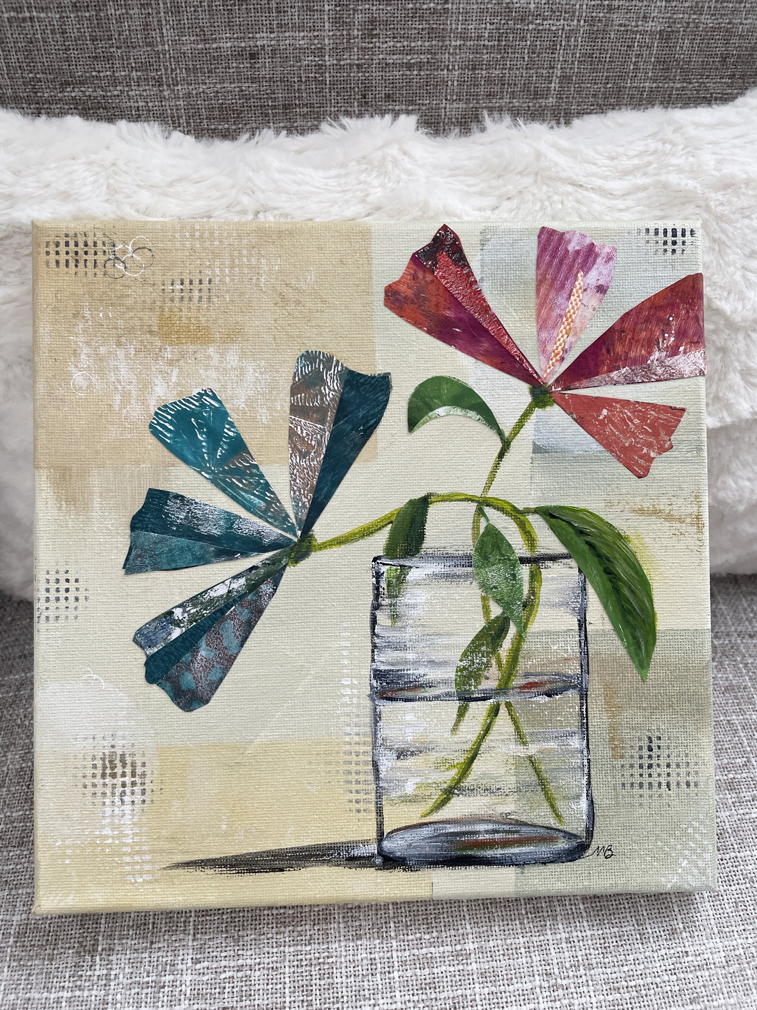 "Happy Flowers" Collage and acrylic; 8x8" wrapped canvas; $175