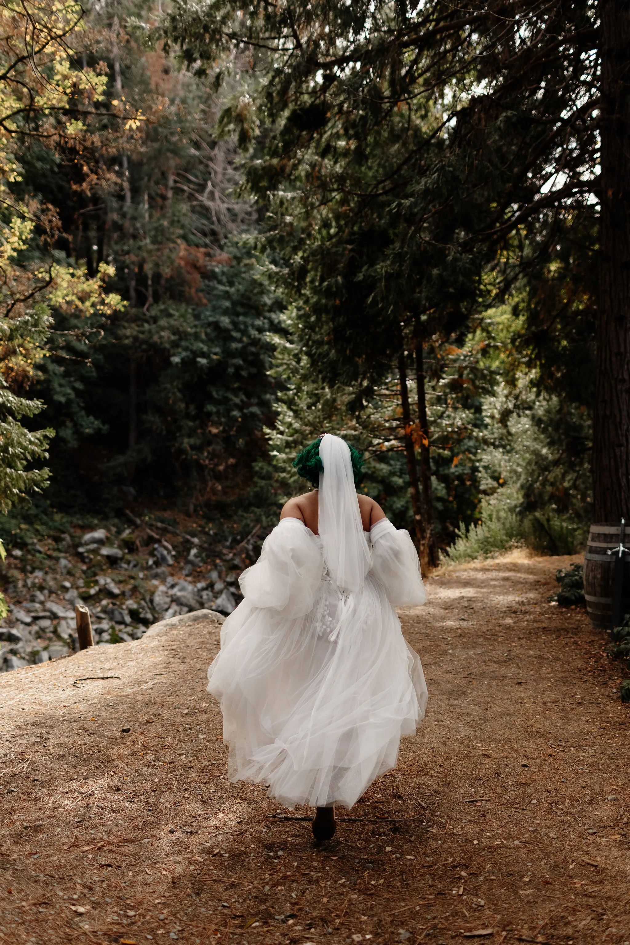 Bride Running In Lake Tahoe Forest Golden Flowers.jpg