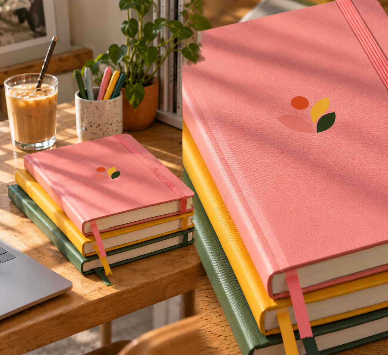 Sonnenbeschienene Pastell-Notizbücher am Schreibtisch.png